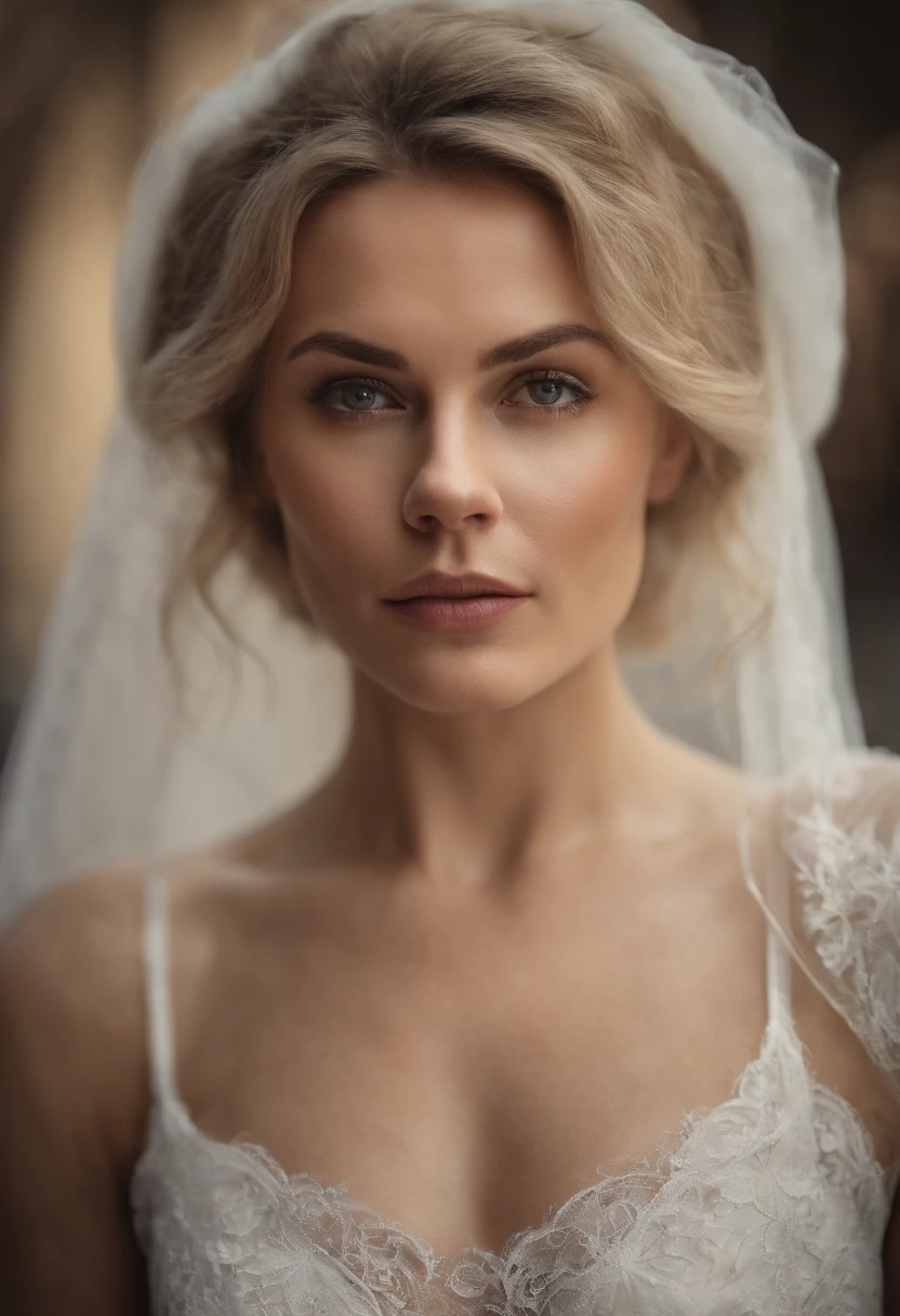 portrait, woman, face with sarcastic expression, caucasian, blond hair, evil look, huge breasts, white clothing, 8k resolution, realistic