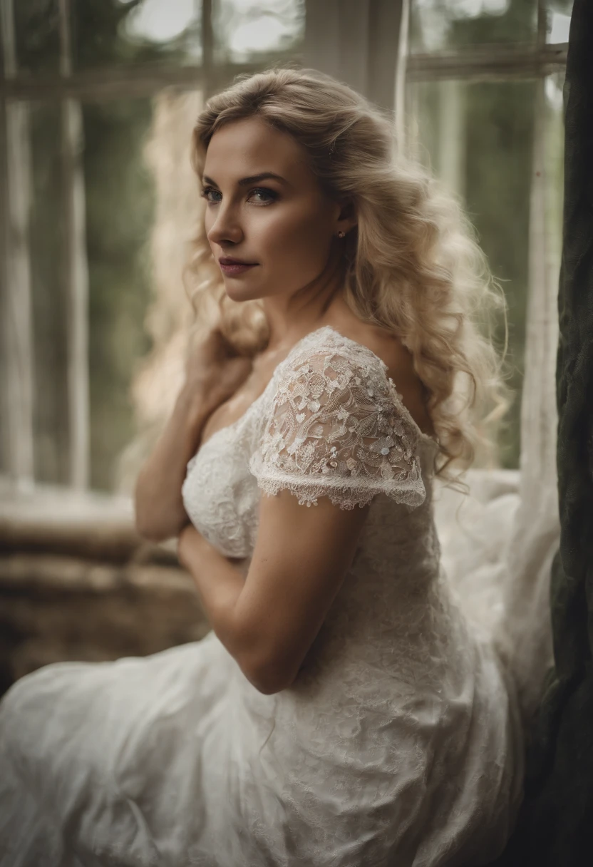 portrait, woman, face with sarcastic expression, caucasian, blond hair, evil look, huge breasts, white clothing, 8k resolution, realistic