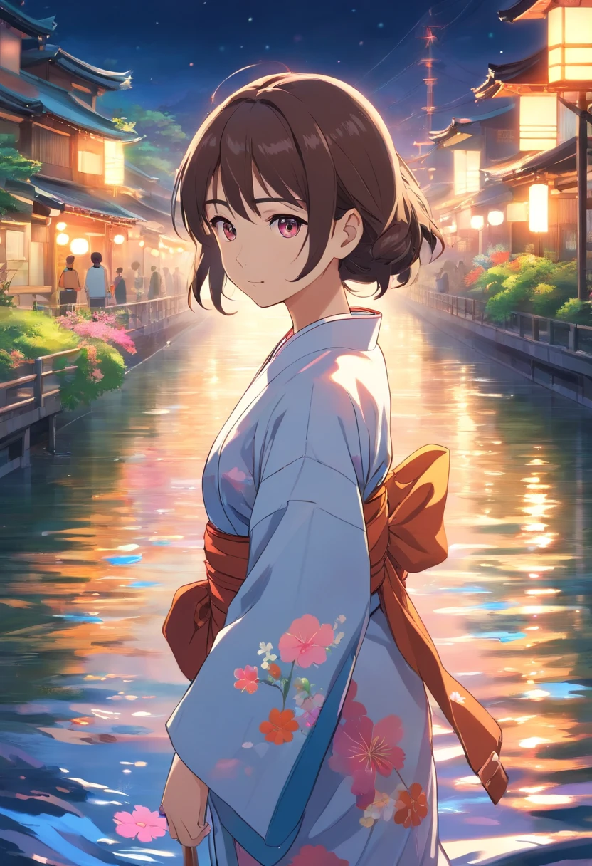 Spirit floating in pale shape, Woman in yukata with colorful flowers walking along the river. Her beautiful face and brightly colored glowing eyes. Dark night river、Illuminated fantastically by the floating light of the spirits. Woman walking with hand lanterns illuminating her feet. Along the river at night with wildflowers blooming. Detailed drawing. Vivid colors. High image quality. --S 1000 --AR 4:5 - Rainbow 5