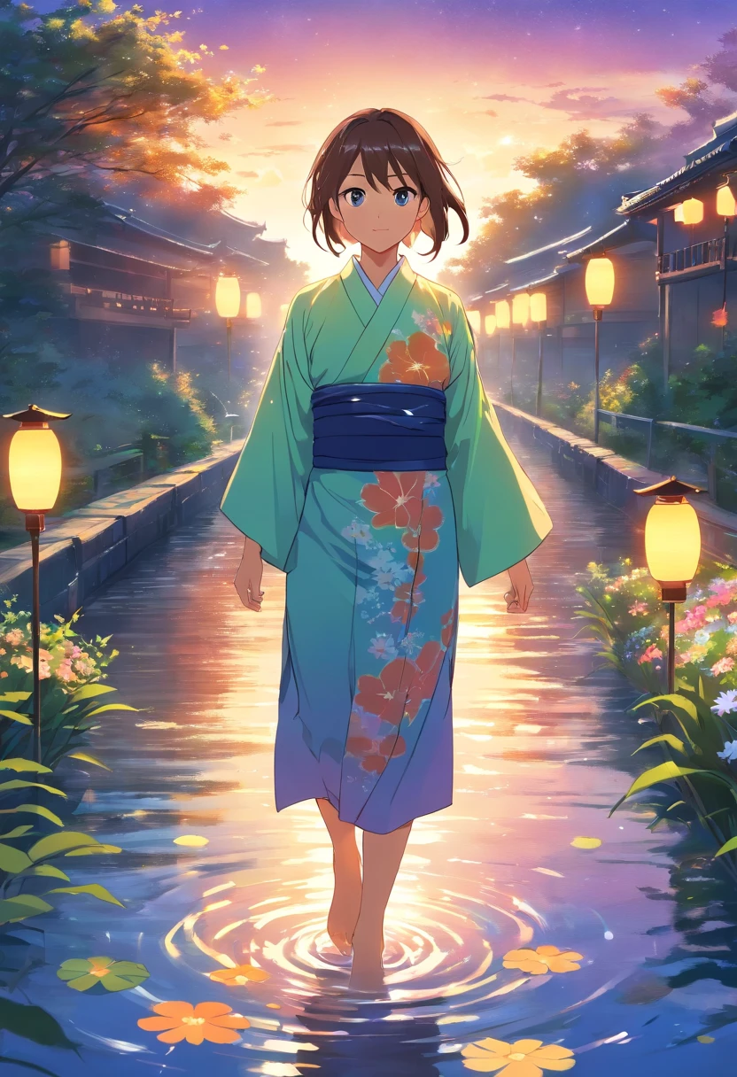 Spirit floating in pale shape, Woman in yukata with colorful flowers walking along the river. Her beautiful face and brightly colored glowing eyes. Dark night river、Illuminated fantastically by the floating light of the spirits. Woman walking with hand lanterns illuminating her feet. Along the river at night with wildflowers blooming. Detailed drawing. Vivid colors. High image quality. --S 1000 --AR 4:5 - Rainbow 5