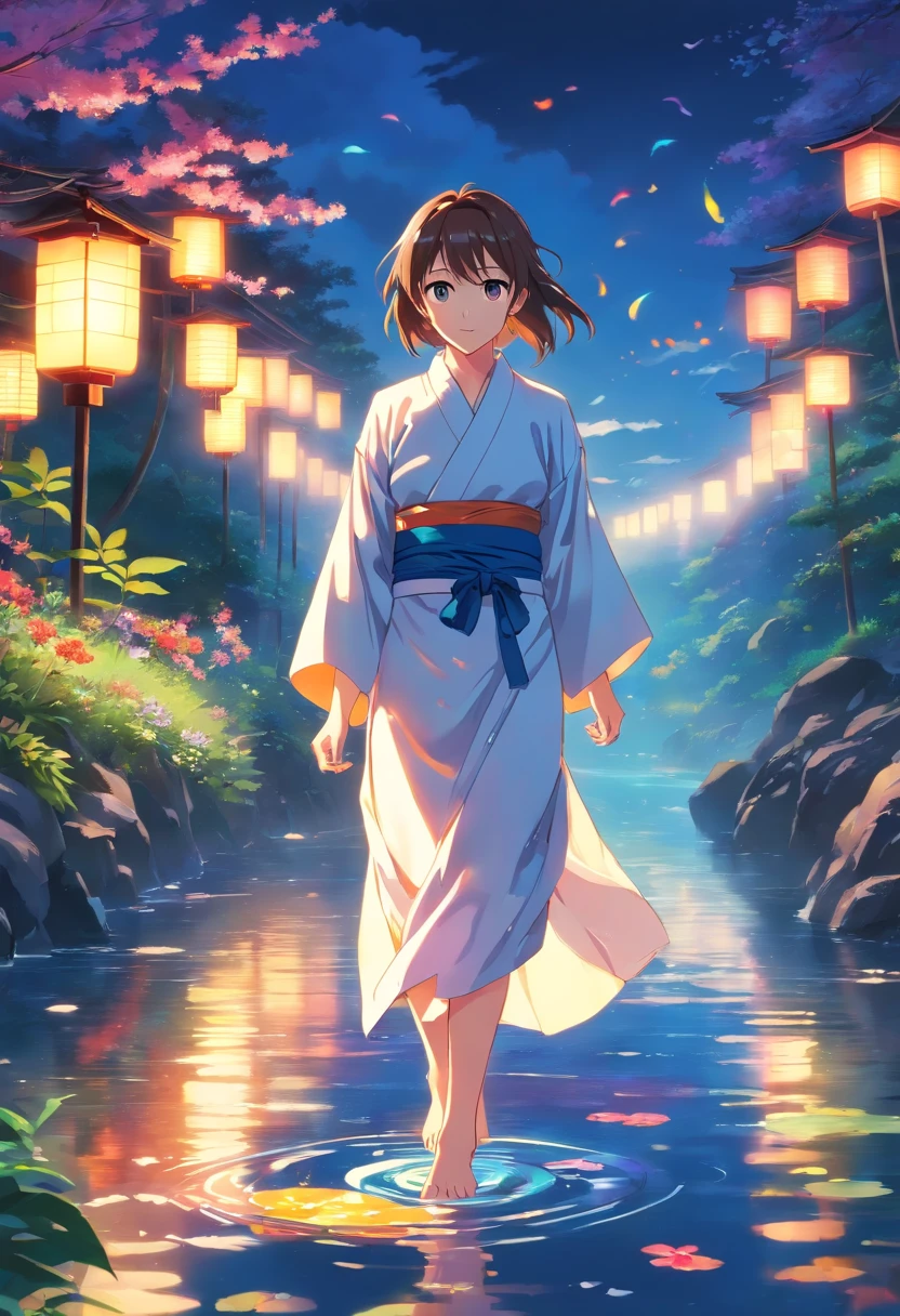 Spirit floating in pale shape, Woman in yukata with colorful flowers walking along the river. Her beautiful face and brightly colored glowing eyes. Dark night river、Illuminated fantastically by the floating light of the spirits. Woman walking with hand lanterns illuminating her feet. Along the river at night with wildflowers blooming. Detailed drawing. Vivid colors. High image quality. --S 1000 --AR 4:5 - Rainbow 5