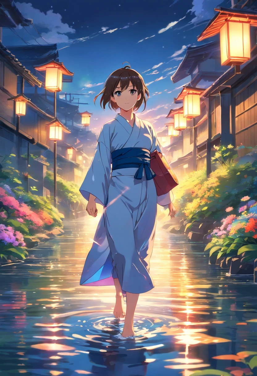 Spirit floating in pale shape, Woman in yukata with colorful flowers walking along the river. Her beautiful face and brightly colored glowing eyes. Dark night river、Illuminated fantastically by the floating light of the spirits. Woman walking with hand lanterns illuminating her feet. Along the river at night with wildflowers blooming. Detailed drawing. Vivid colors. High image quality. --S 1000 --AR 4:5 - Rainbow 5