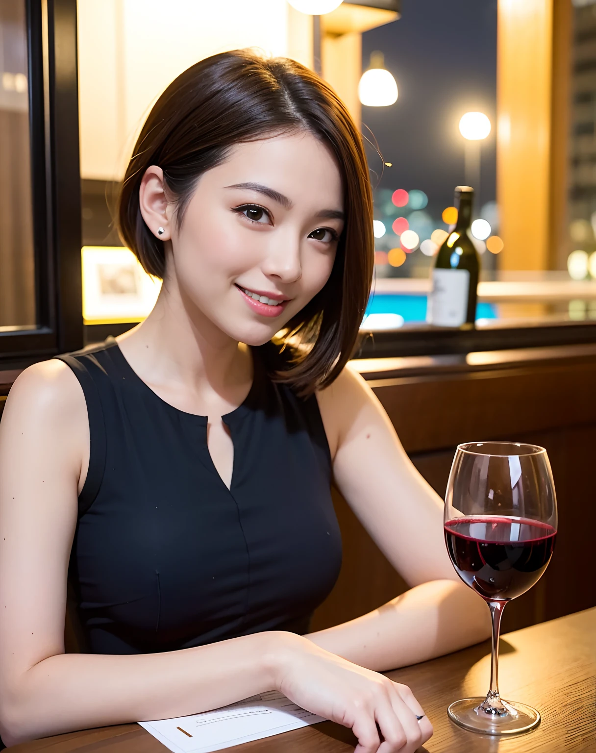 (64K, UHD, top quality, masterpiece: 1.2), (realistic, photorealistic: 1.37), super detailed, pretty woman 1 person, (slim face), (slim body), (brown hair), (short cut), cheeks slightly blushing, (44 years old), 38 years old, solo, beautiful detailed urban night view outside the window, restaurant, wine glasses sit, at night, in a prominent placeNovaFrogStyle, Actress, Model, Waist Up, White Wine, Slim, Wine Glass, Super Clean Night View, Wine Glass Put in the Middle, Happy Smile, (Smile: 1.15), Beautiful Fine Eyes, Upper Body, Bust Japan Up, Night, Short, Short, Actress, Model, Waist Up, White Wine, Slim, Wine Glass, Super Clean Night View, Wine Glass Put in the Middle, Happy Smile,
