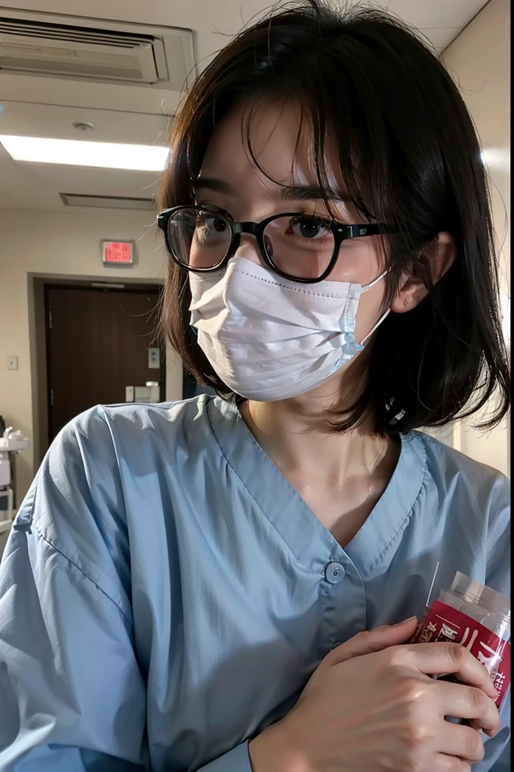 A dark-haired、Wear a mask、Black tabby glasses、short-cut、huge tit、Light blue nurse clothes、In the hospital、Hospital Room