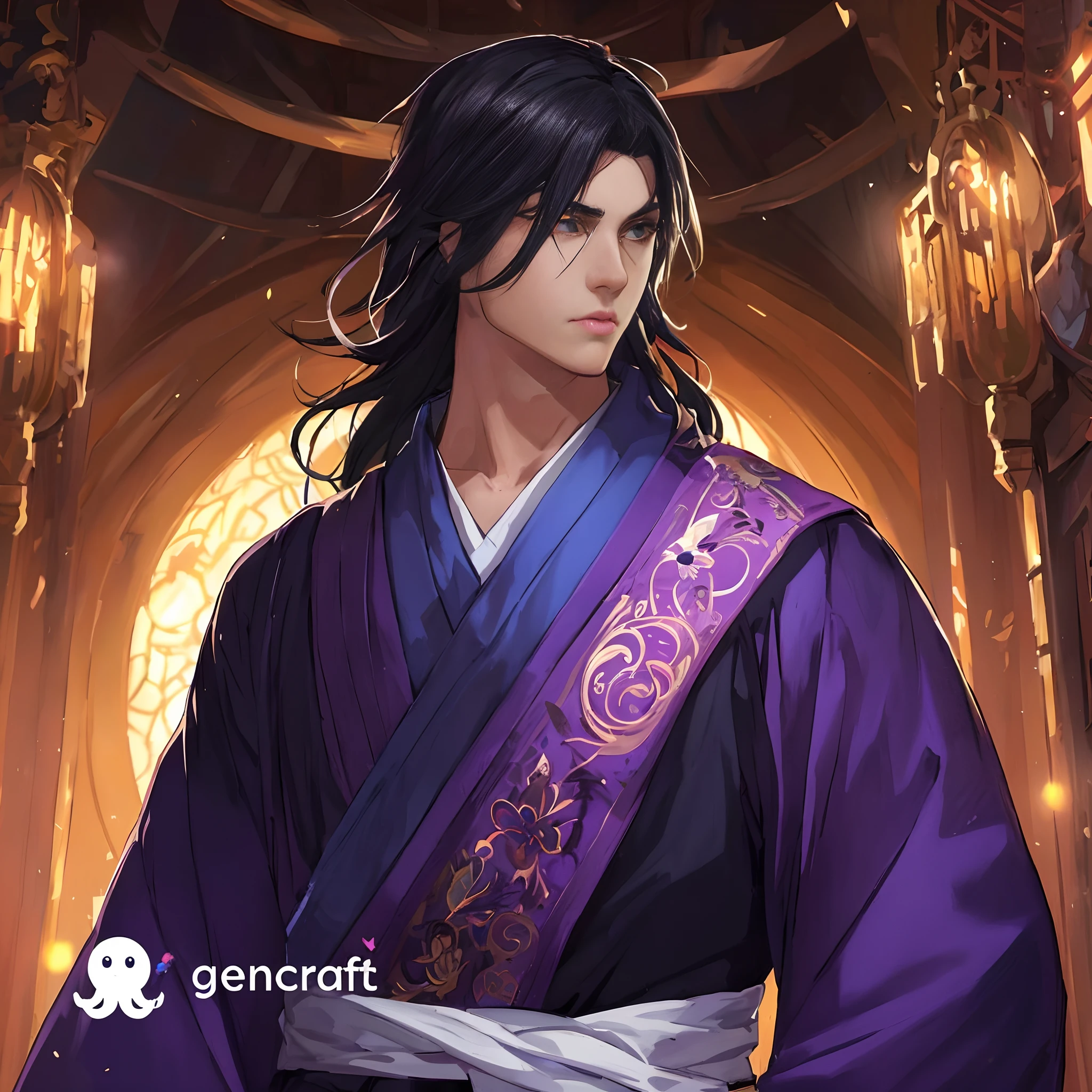 um close up de uma pessoa em um manto roxo com uma espada, Zhongli, Genshin Impact, cara bonito na arte demon slayer, Keqing de Genshin Impact, Personagem Genshin Impact, caleb from critical role, Sengoku - Era Estilo de Arte, Preto - Mago Cabelo, Arte no estilo de Guweiz, por Yang J