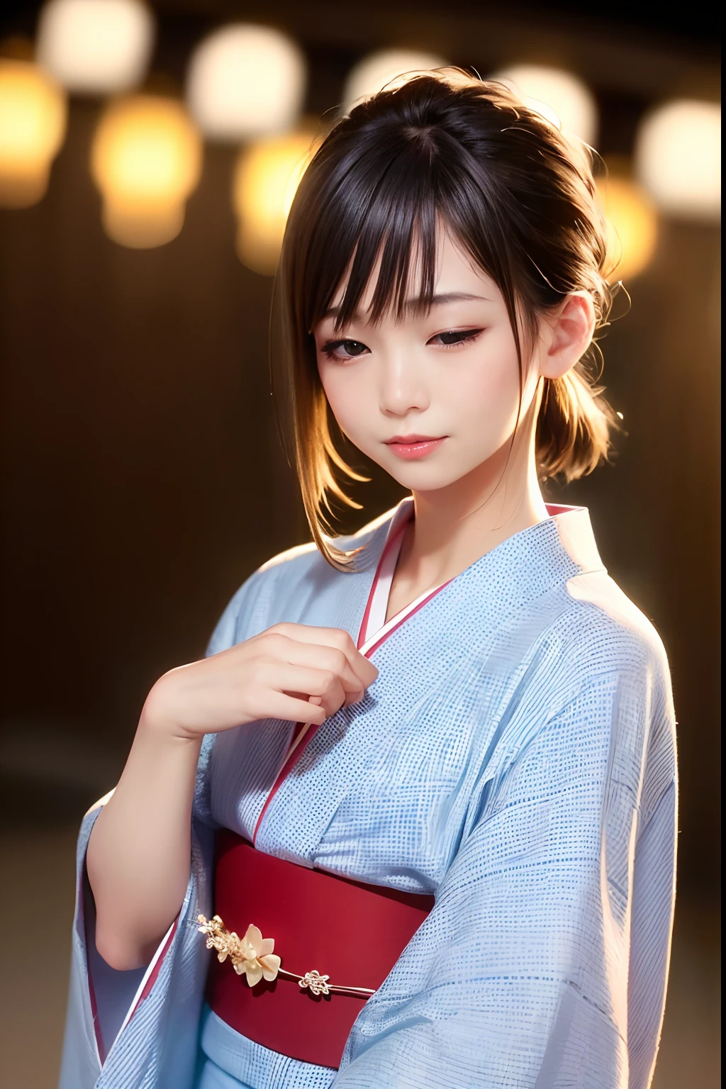 Upper body from the waist up、Are sleeping、nap、(Sleeping with your eyes closed)、(4In K、masterpiece、hight resolution、Realistic and beautiful light and shadow、One girl、Solo Focus、(top-quality)、(Hi-Res)、(extremely delicate and beautiful)、(Beautiful 8k face)、(Brown-eyed)、(I close my eyes while smiling.)、(独奏)、(Clear skin)、(Soft hair)、(hugetits)、(Plaid kimono, Red and blue floral yukata)、((Awa Odori Pose))、((Bokeh lantern light night background))、((speedo))、(reality)、thin and small nose、(red lipsticks)、(Reddening cheeks)、poneyTail、(Lustrous skin)、((Ukiyo-e style))、Ultra-thin eyebrows、Ultra high image quality、(Wearing maiko-style makeup)、skin whitening、long and beautiful lashes、Turning around in the style of a Kyoto magazine model、((s asleep))、Lustrous skin、(Red-dyed cheeks)