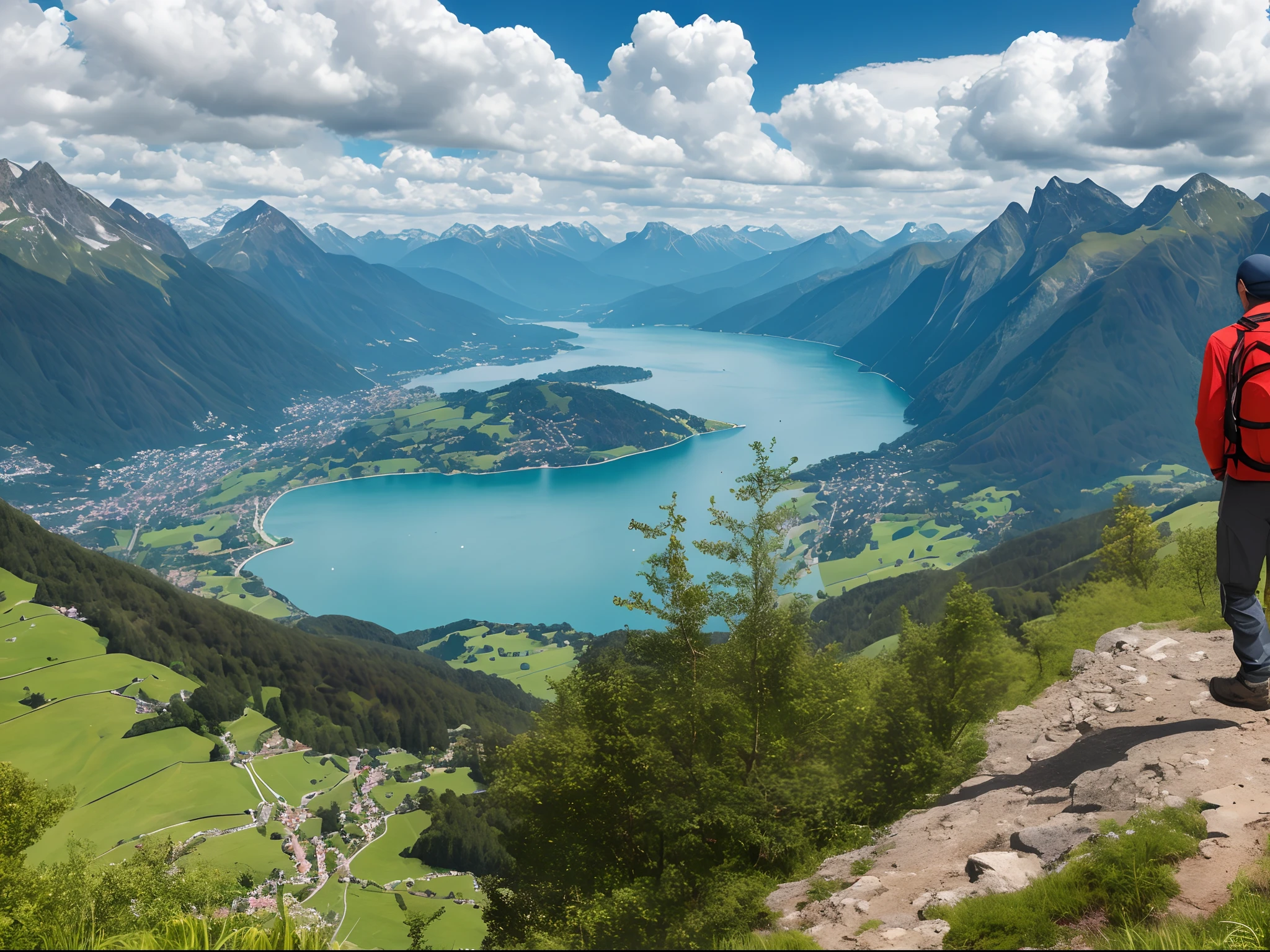 man in hiking gear on top of hill overlooking Swiss fjord, hdr, --auto --s2