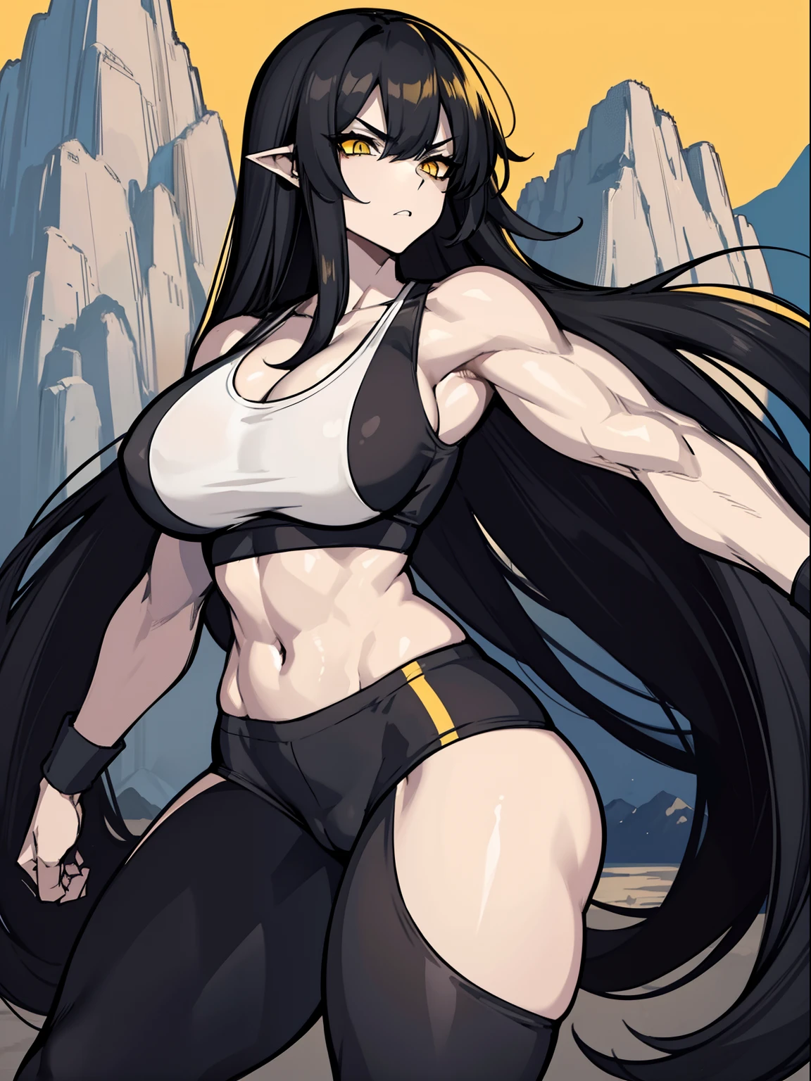 black hair, extremely long hair, yellow eyes, pale skin, muscular, large breasts, thick thighs, angry, leggings, tank top, mountain range background