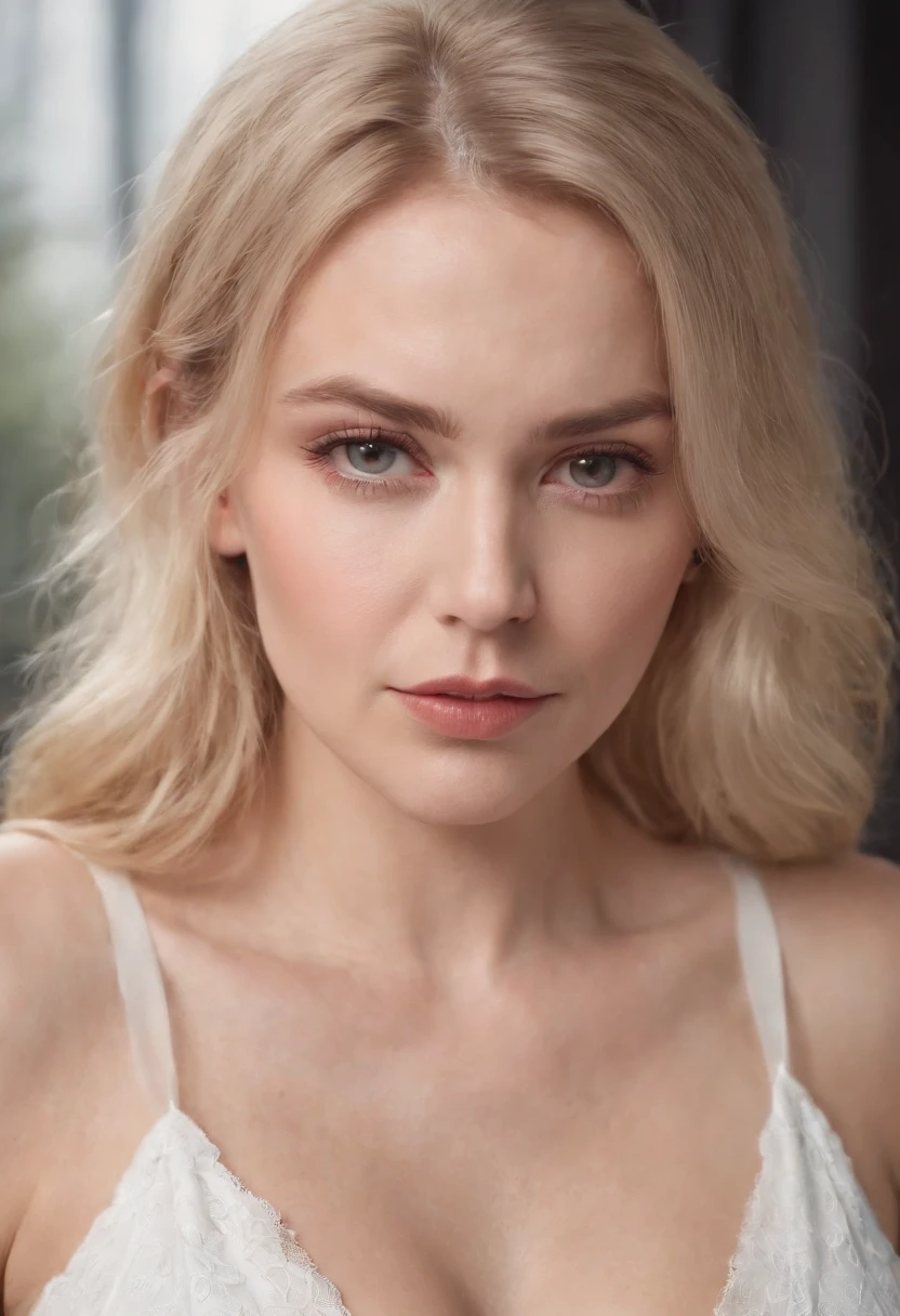 portrait, woman, face with sarcastic expression, caucasian, blond hair, evil look, huge breasts, white clothing, 8k resolution, realistic