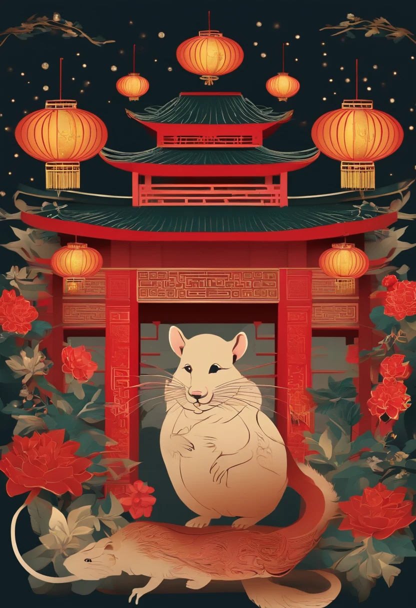 Paper Cuttings style,Oriental style pattern style,There is a large zodiac rat in the middle,On the streets of ancient China,Festive lanterns in the background