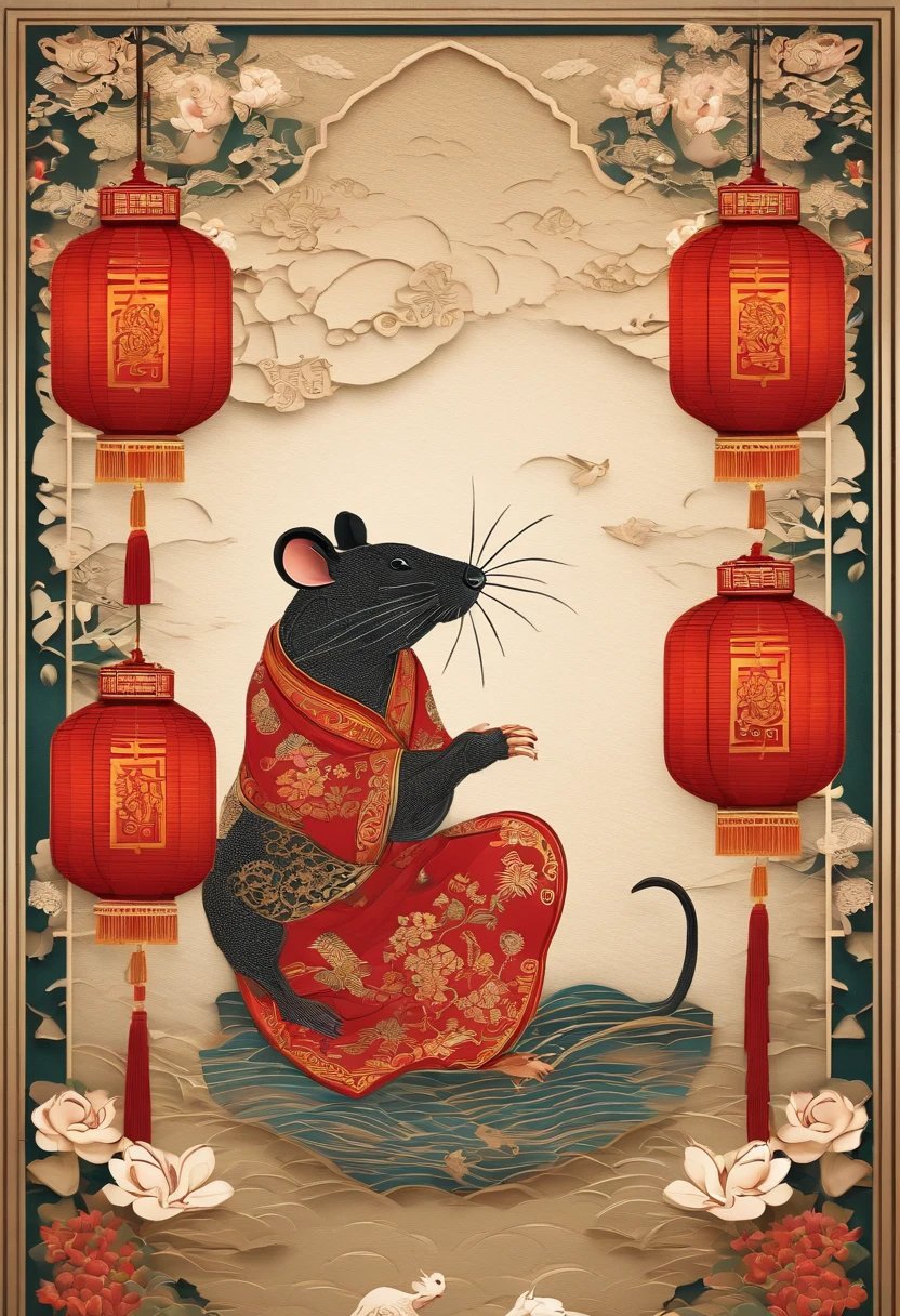 Paper Cuttings style,Oriental style pattern style,There is a large zodiac rat in the middle,On the streets of ancient China,Festive lanterns in the background