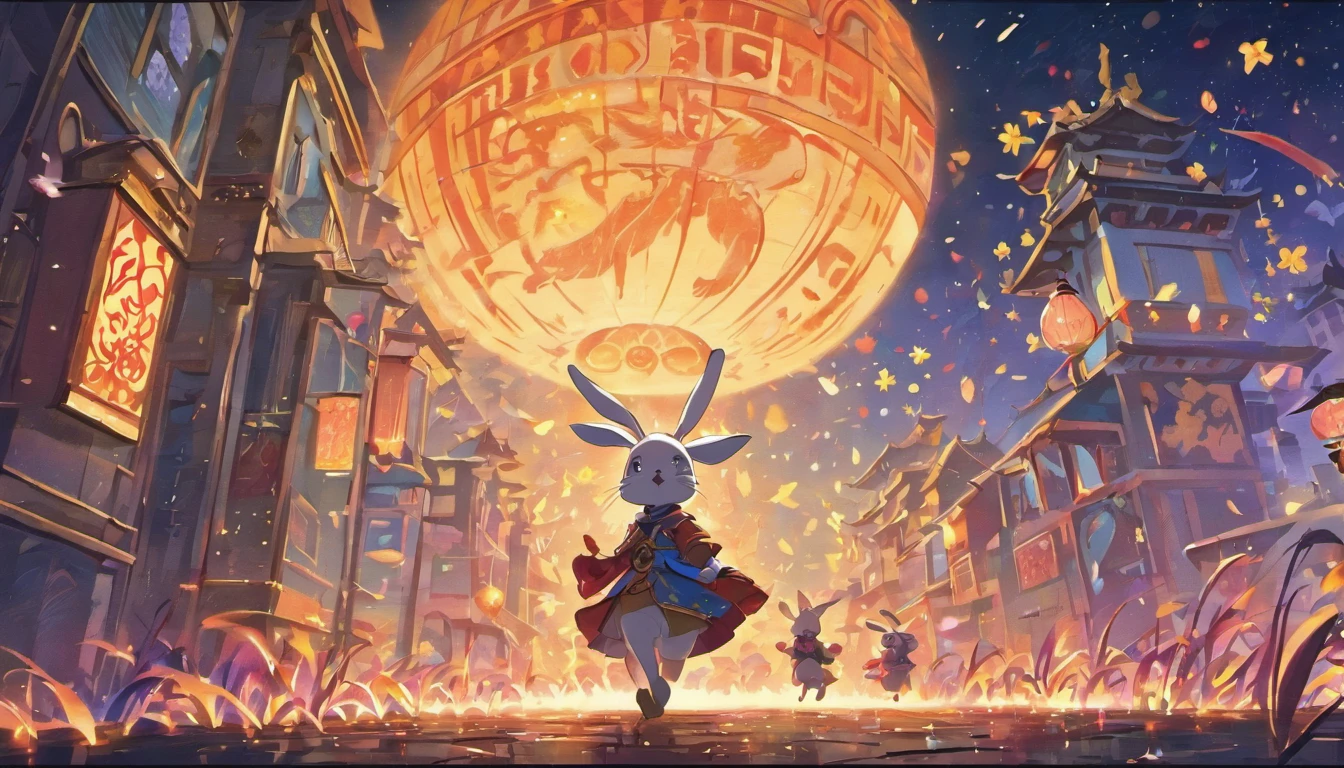 Mid-Autumn Festival,(large moon),(((((Zodiac rabbit))))),tradit,celebrating,fire works,((Kongming Lantern)),Don't anthropomorphize,Don't be human,On the street rabbit front