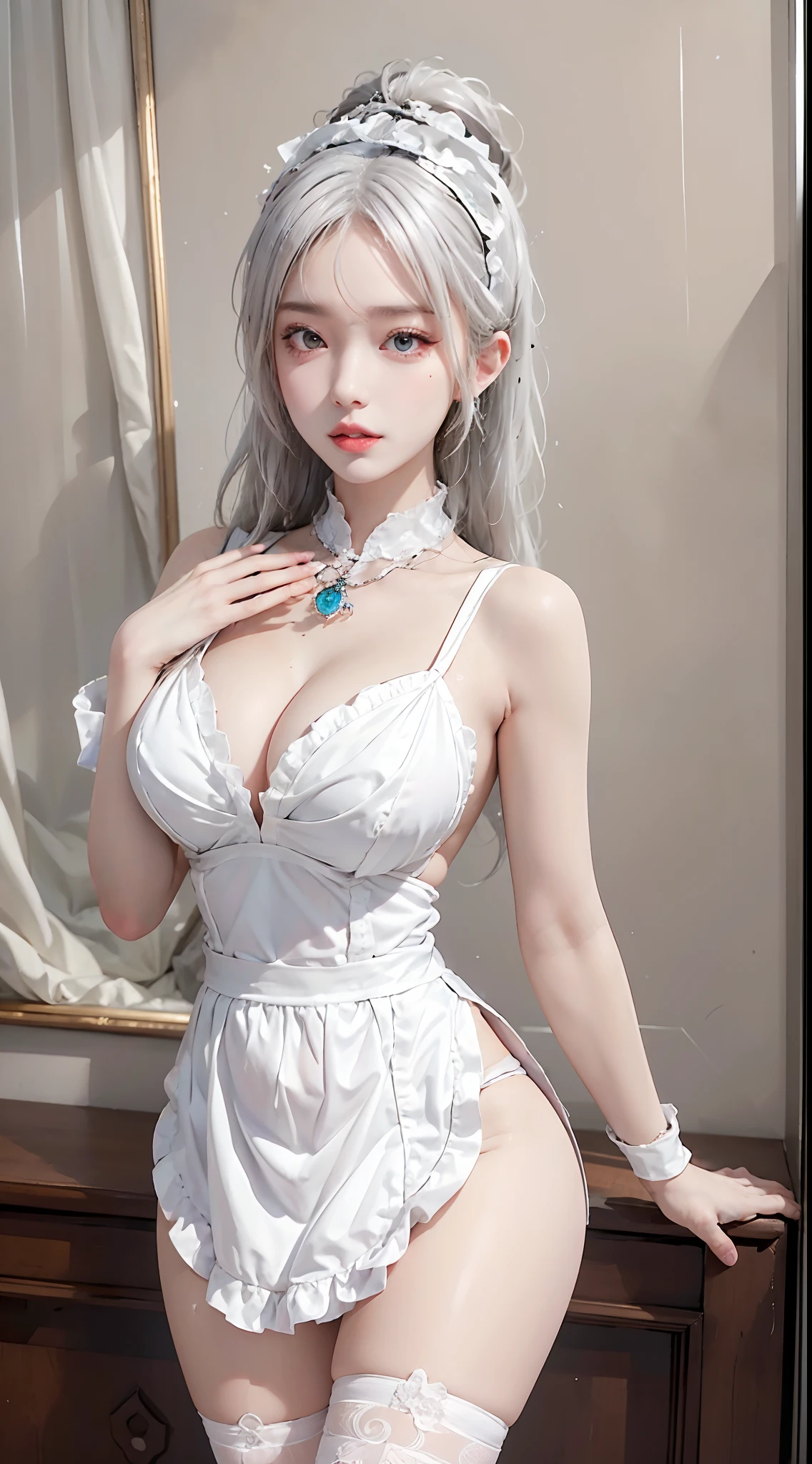 photorealistic, high resolution, soft light,1women, solo, hips up, (detailed face),tattoo, jewelry, wearing sexy maid dress, white hair