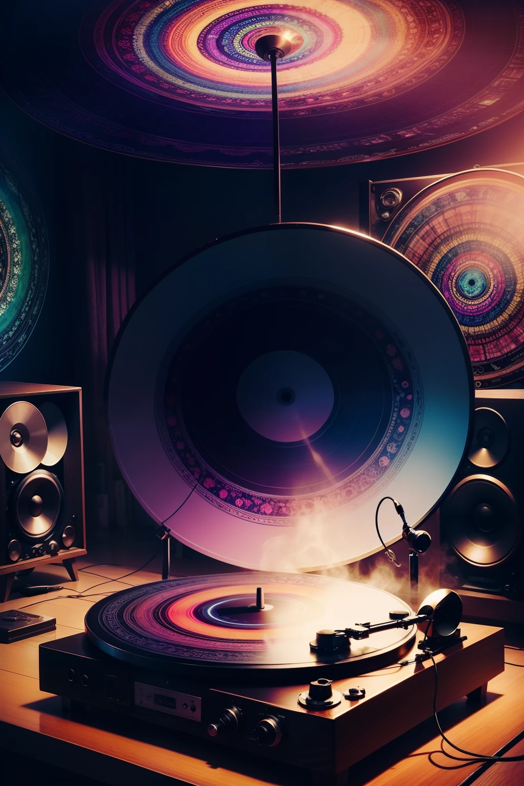 a gramophoneplaying a record in a psychedelic room