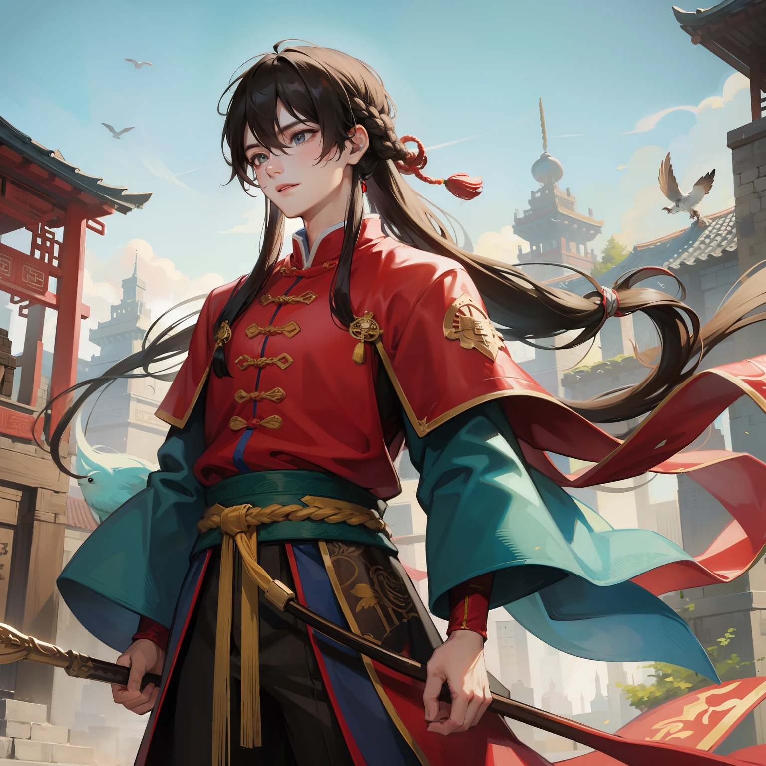 Man, long hair, medieval background, Chinese clothing, powers around, Birds, outdoors, boy , muscular