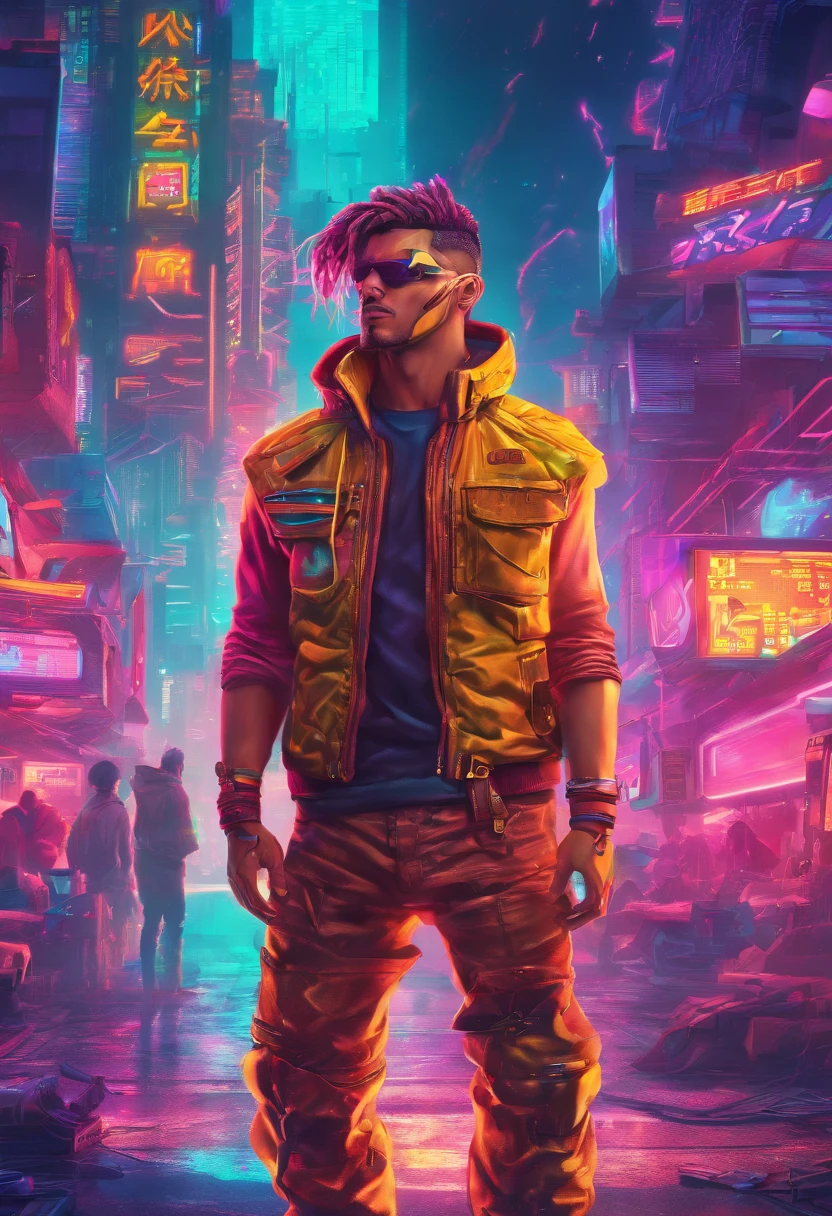 (best quality, highres, ultra-detailed, realistic:1.37), male with brown ponytail, has a light beard, wearing a sleeveless hoodie, mecha arms with crackling energy, superhero aesthetic, detailed facial features, intense expression, muscular physique, futuristic city backdrop, dynamic pose, vibrant colors, strong shadows, dramatic lighting