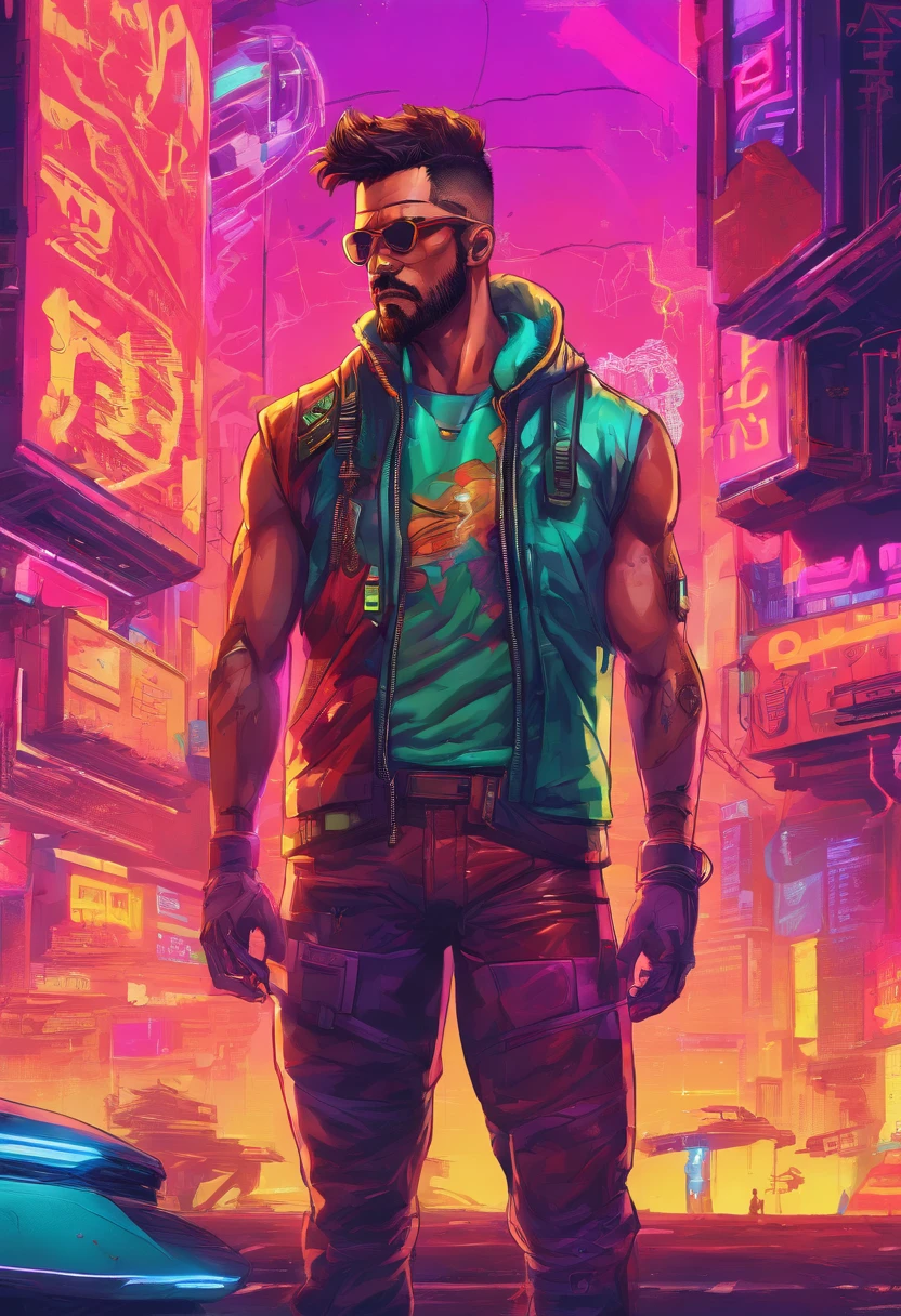 (best quality, highres, ultra-detailed, realistic:1.37), male with brown ponytail, has a light beard, wearing a sleeveless hoodie, mecha arms with crackling energy, superhero aesthetic, detailed facial features, intense expression, muscular physique, futuristic city backdrop, dynamic pose, vibrant colors, strong shadows, dramatic lighting