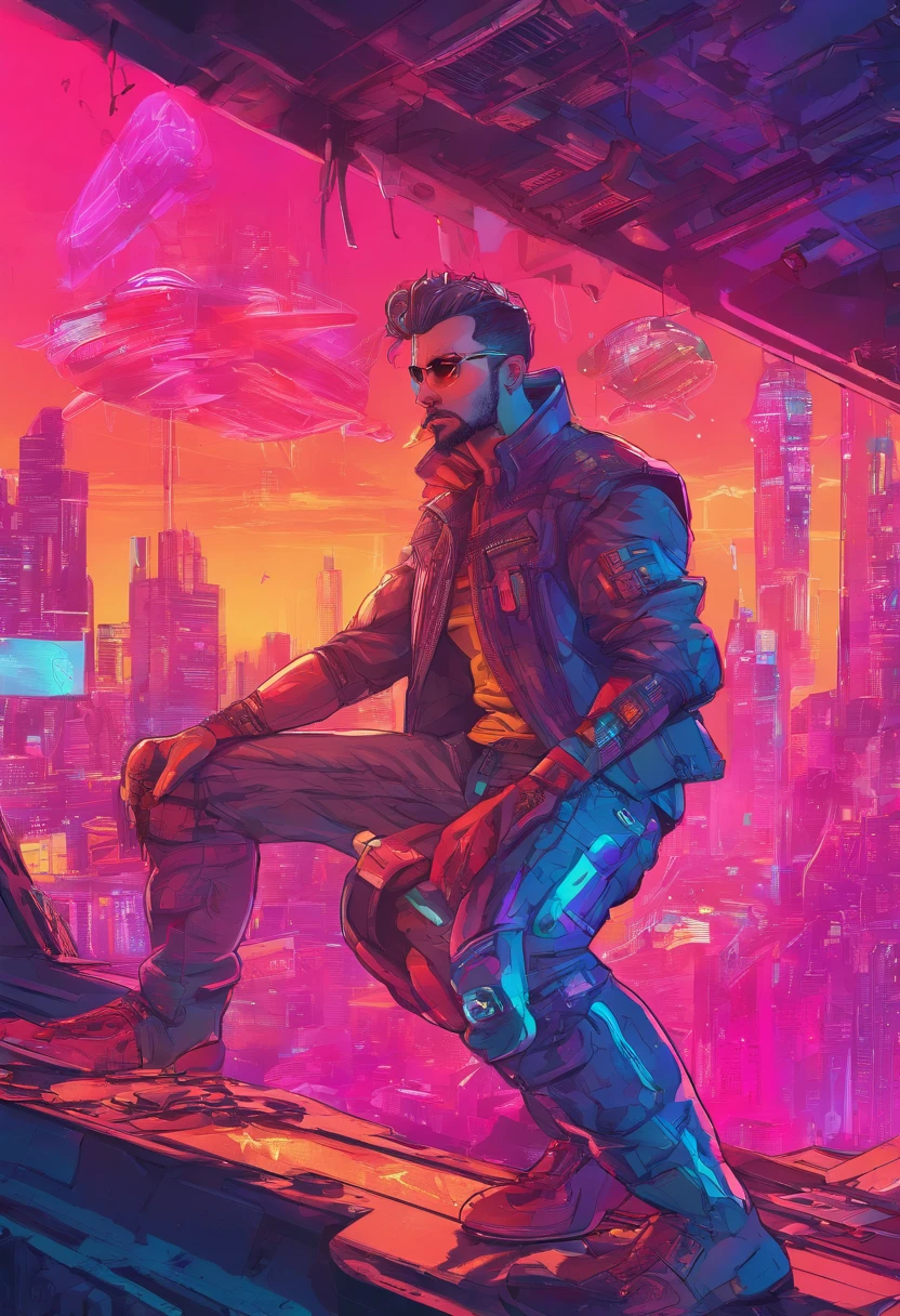 (best quality, highres, ultra-detailed, realistic:1.37), male with brown ponytail, has a light beard, wearing a sleeveless hoodie, mecha arms with crackling energy, superhero aesthetic, detailed facial features, intense expression, muscular physique, futuristic city backdrop, dynamic pose, vibrant colors, strong shadows, dramatic lighting