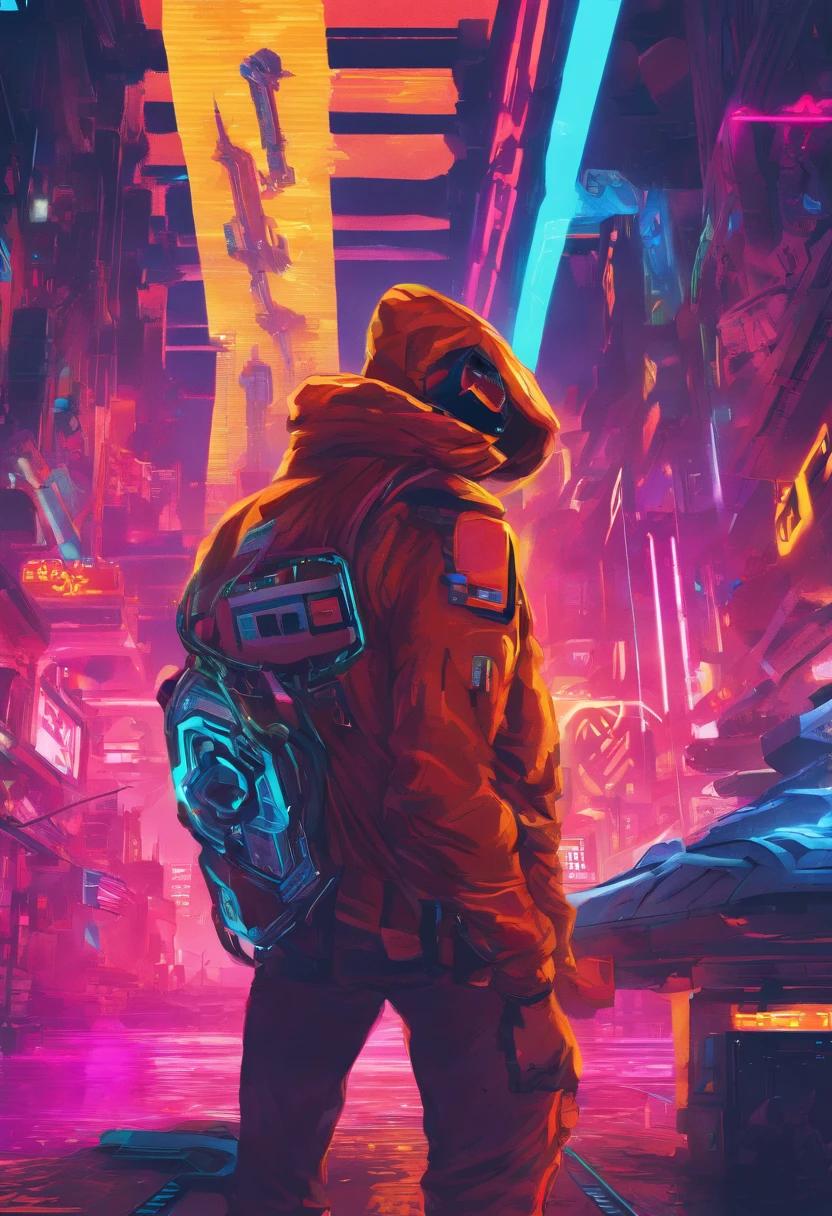 (best quality, highres, ultra-detailed, realistic:1.37), male with brown ponytail, has a light beard, wearing a sleeveless hoodie, mecha arms with crackling energy, superhero aesthetic, detailed facial features, intense expression, muscular physique, futuristic city backdrop, dynamic pose, vibrant colors, strong shadows, dramatic lighting