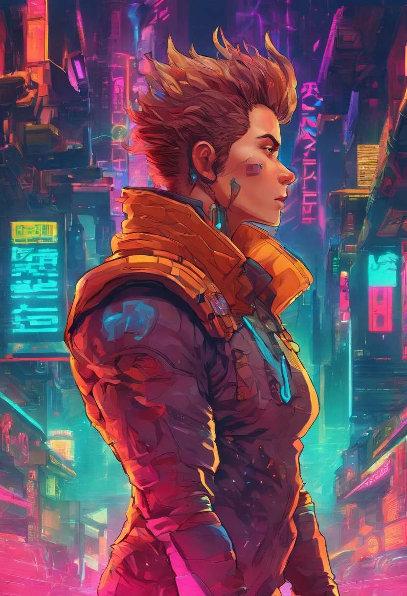 (best quality, highres, ultra-detailed, realistic:1.37), male with brown ponytail, has a light beard, wearing a sleeveless hoodie, mecha arms with crackling energy, superhero aesthetic, detailed facial features, intense expression, muscular physique, futuristic city backdrop, dynamic pose, vibrant colors, strong shadows, dramatic lighting