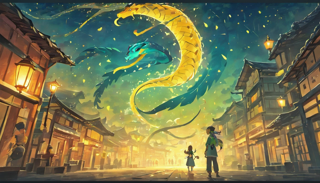 Mid-Autumn Festival,(large moon),((((Zodiac snake)))),tradit,celebrating,fire works,((Kongming Lantern)),Don't anthropomorphize,Don't be human,The snake hovered on the ground,The snake head is raised,On the street,