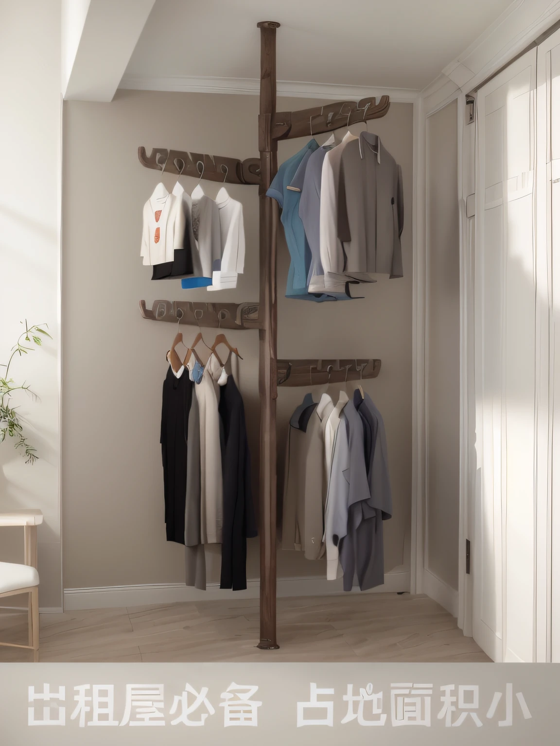 There was a shelf for clothes hanging in the room, laundry hanging, grayish, 155 cm tall, floating robes, height of 165cm, 8k --height 768, clothes floating, photographed, album photo, High quality], 🕹️ 😎 🔫 🤖 🚬, multilevel, high detal, product introduction photos