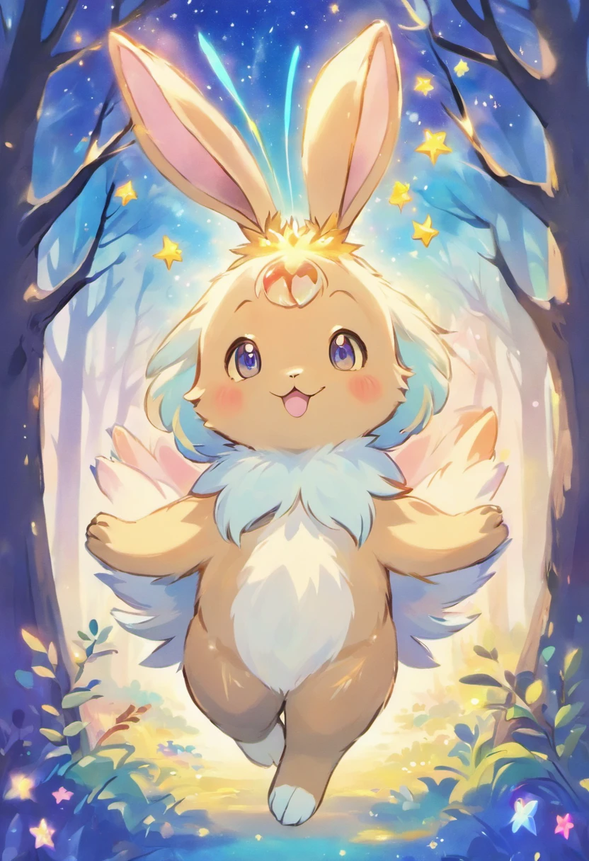a colorful rabbit with antlers in a magical forest,soft pastel colors,horned bunny,whimsical fantasy creature,realistic fur texture,shimmering rainbow colored fur,golden antlers,sparkling eyes,mischievous smile,enchanting background with twinkling stars,ethereal lighting,creatures of the night tag,artistically detailed illustration,high resolution,scenic landscape,breathtaking view,vibrant hues,fantasy art style