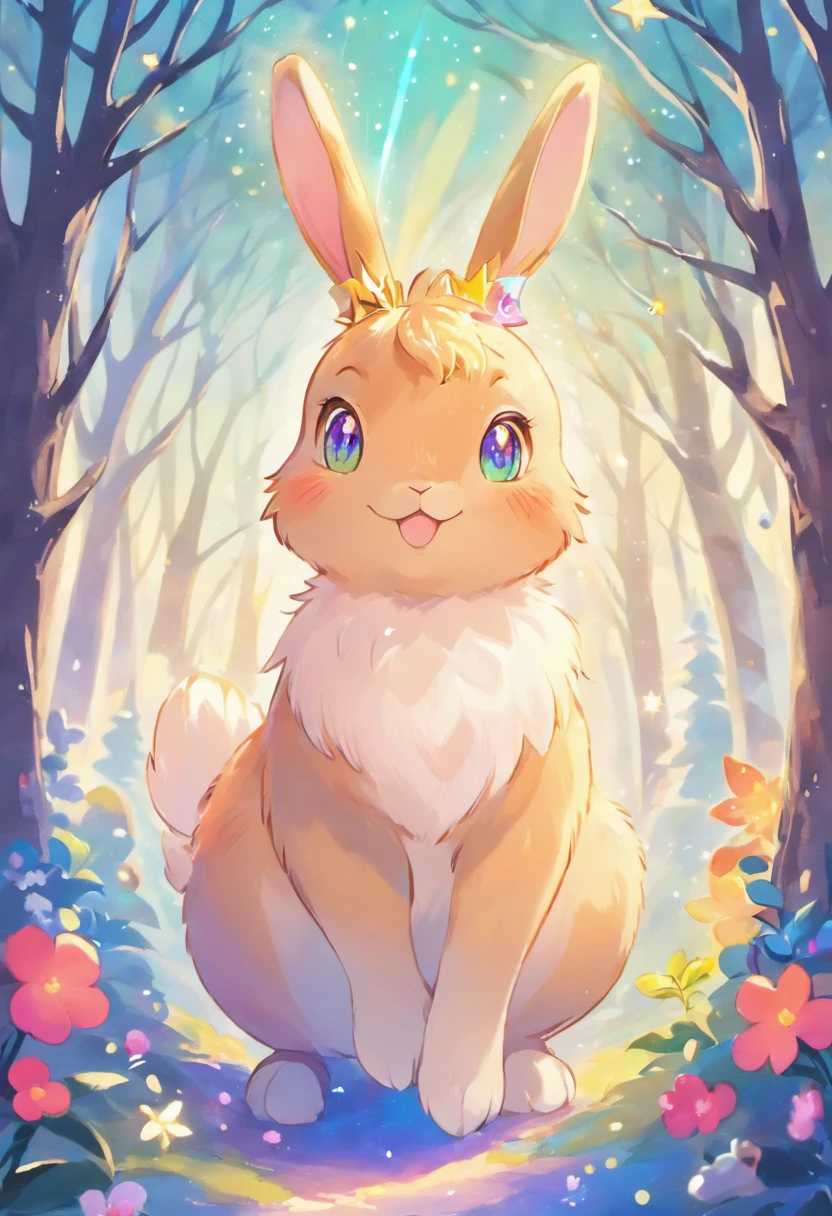 a colorful rabbit with antlers in a magical forest,soft pastel colors,horned bunny,whimsical fantasy creature,realistic fur texture,shimmering rainbow colored fur,golden antlers,sparkling eyes,mischievous smile,enchanting background with twinkling stars,ethereal lighting,creatures of the night tag,artistically detailed illustration,high resolution,scenic landscape,breathtaking view,vibrant hues,fantasy art style
