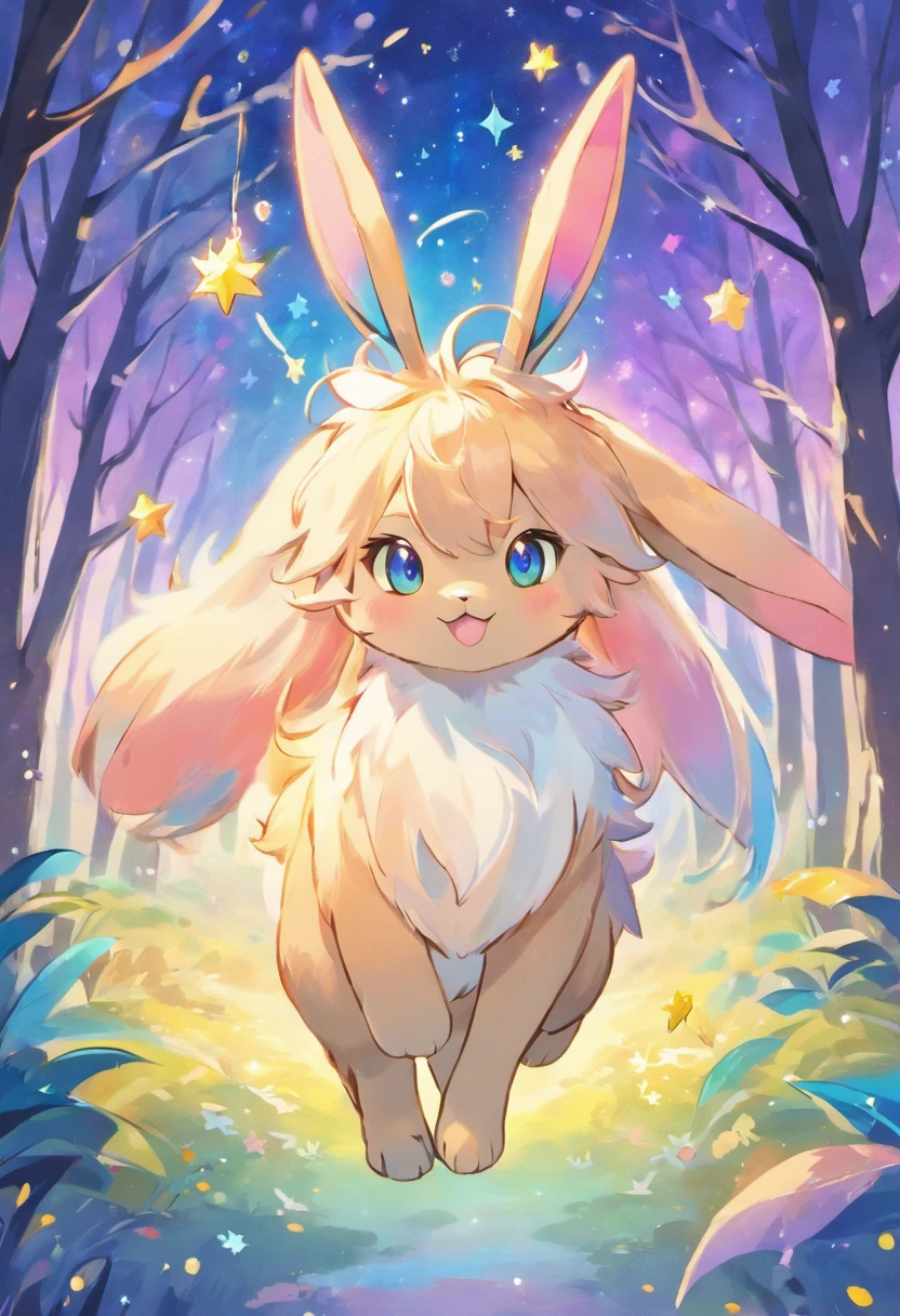 a colorful rabbit with antlers in a magical forest,soft pastel colors,horned bunny,whimsical fantasy creature,realistic fur texture,shimmering rainbow colored fur,golden antlers,sparkling eyes,mischievous smile,enchanting background with twinkling stars,ethereal lighting,creatures of the night tag,artistically detailed illustration,high resolution,scenic landscape,breathtaking view,vibrant hues,fantasy art style