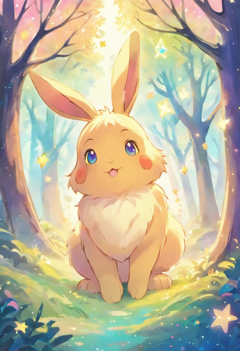 a colorful rabbit with antlers in a magical forest,soft pastel colors,horned bunny,whimsical fantasy creature,realistic fur texture,shimmering rainbow colored fur,golden antlers,sparkling eyes,mischievous smile,enchanting background with twinkling stars,ethereal lighting,creatures of the night tag,artistically detailed illustration,high resolution,scenic landscape,breathtaking view,vibrant hues,fantasy art style
