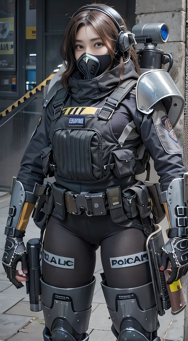 Highest image quality, outstanding details, ultra-high resolution, (realism: 1.4), ((close up:0.75)), highly condensed 1 lady, with beautiful and a delicate face, perfect proportion, aiming the viewer, ((aiming the viewer)), (chubby:0.3, small breasts), (cloths color base ratio black:0.4 white:0.5 other-color:0.1), (wearing rash-guard likes police uniform, black and gray mecha, wearing high-tech heavy gasmask, military harness, holding a machinegun, carrying hich-tech-flamethrower -tank on back), captain, background simple gray wall,