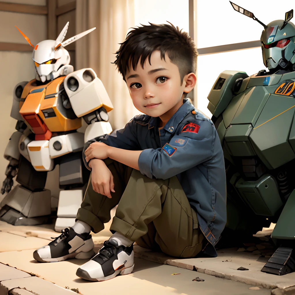 a cute  boy, Sit side by side on Gundam robots of the same size, Cheerful face, aquarelle