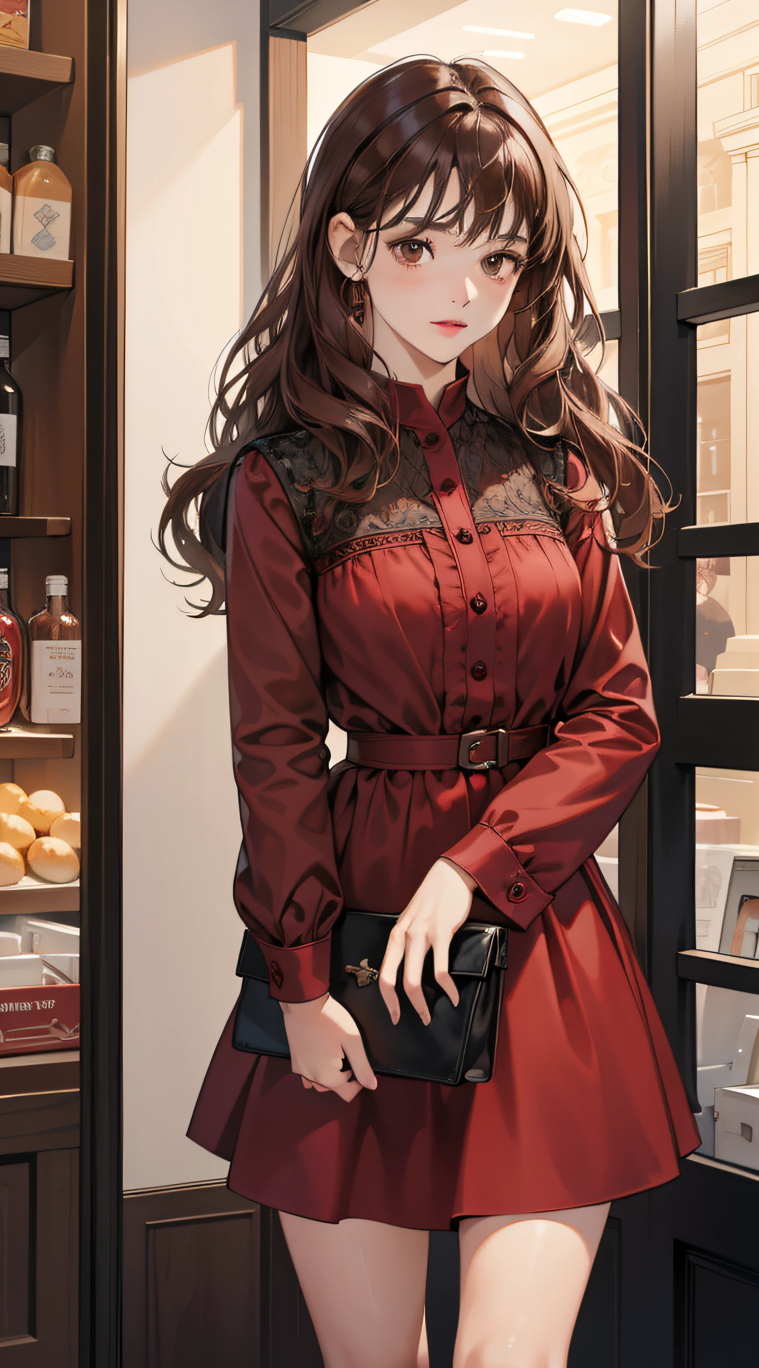 Masterpiece, best quality, realistic, 1woman, quiet, calm and pretty young woman, 16 years old, ((close mouth)), extremely detailed, a little distance, half body, long maroon casual dress, in front of store, nightview ((dark brown eyes)), ((wavy with bang brunette hair)), 4K