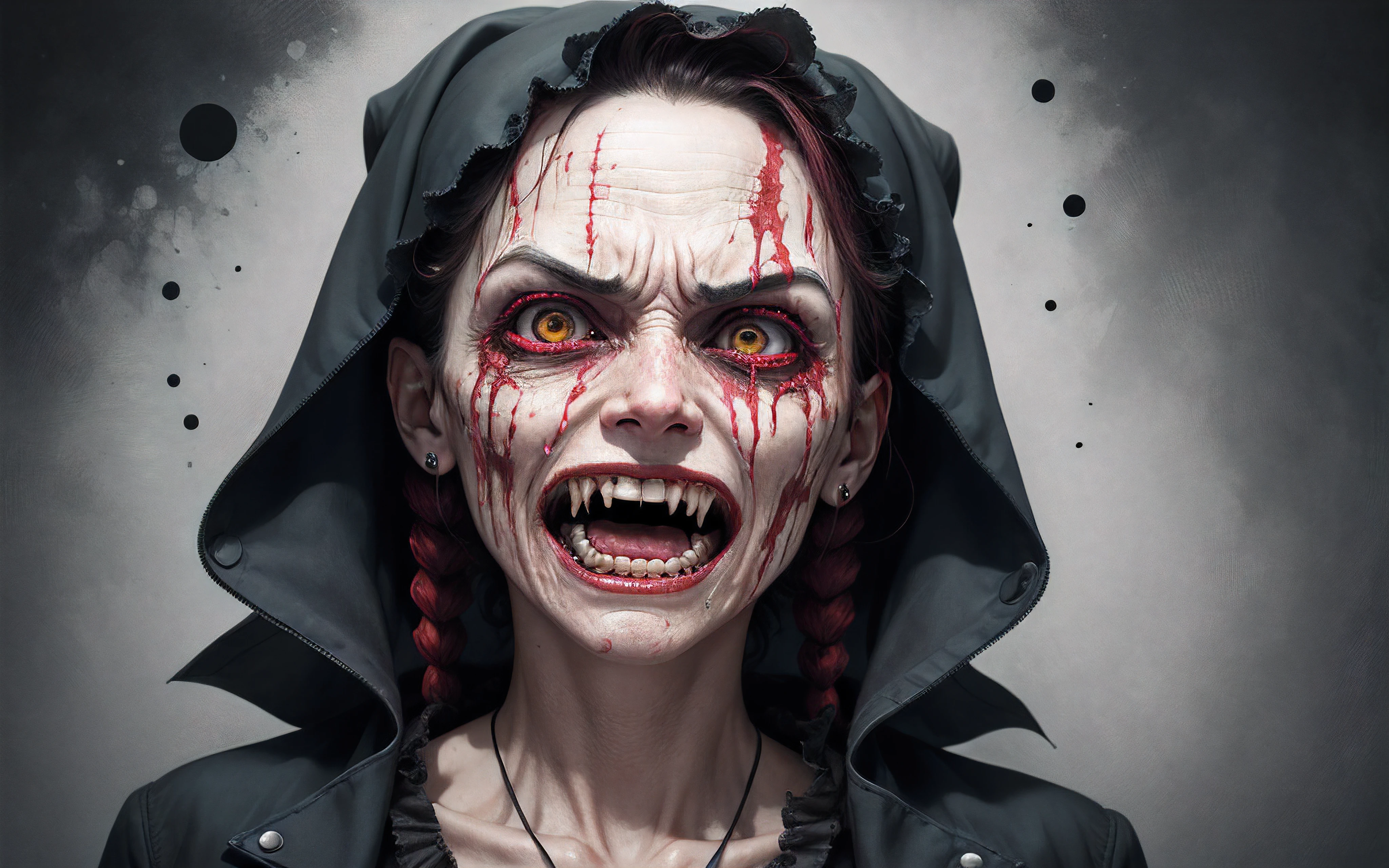 1 woman, (((red eyes, red pupil))), (pale red hair), dressed in a demon-inspired costume, wearing a red tinsel minidress, fire ornament, adorned with bone skull ornaments, flashing lights red, complemented by red decorations, ((zombie demon)), ((zombie demon woman)), ((medium shot of a zombified demon woman)), ((horror movie)), ((aristocratic aesthetic)), ( (ultra detailed,)) ((photorealistic)), masterpiece, ultra pale skin, ((blood everywhere on body)), ((torn clothes)), ((torn body)), ((open mouth dripping blood )), ((staff in hands)), ((holding a staff)), ((A very scary zombie demon queen, Final form as a complete demon, The devil's masterpiece, Zombie demon king, The most worthy demon ,Complex and majestic demon figure.,The most majestic figure of the devil.,The most intricate representation of the devil.,Intricate reproduction of perfect demonic details.),Giant devil wings, a lot of blood on the face.