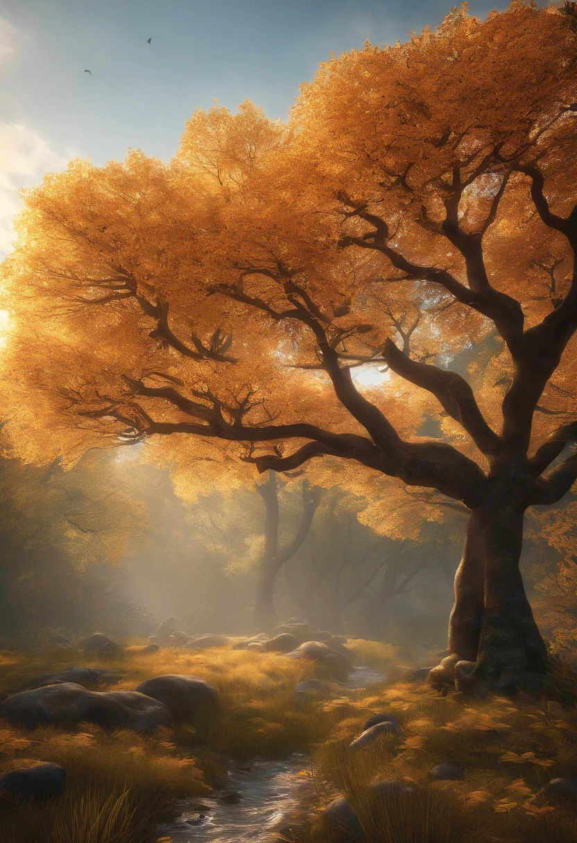 tmasterpiece,Best quality at best,Extremely beautiful reflection,The best reflections。(Very detailed CG unity 8k wallpaper),(Best quality at best),(The best illustrations),(The best shadow),Forest theme with natural elements。Tall trees,quiet streams,Glowing small mushrooms,surrounded by exquisite leaves and branches,There are also fireflies and glowing particle effects,,(nature elements),(Jungle theme),(foliage),(tree branch),(glowworm),butterflys,(exquisite leaves),(with light glowing),(particle effect)。 , isometric 3D, Octane rendering, Ray traching, 超詳細,Ginkgo trees in autumn