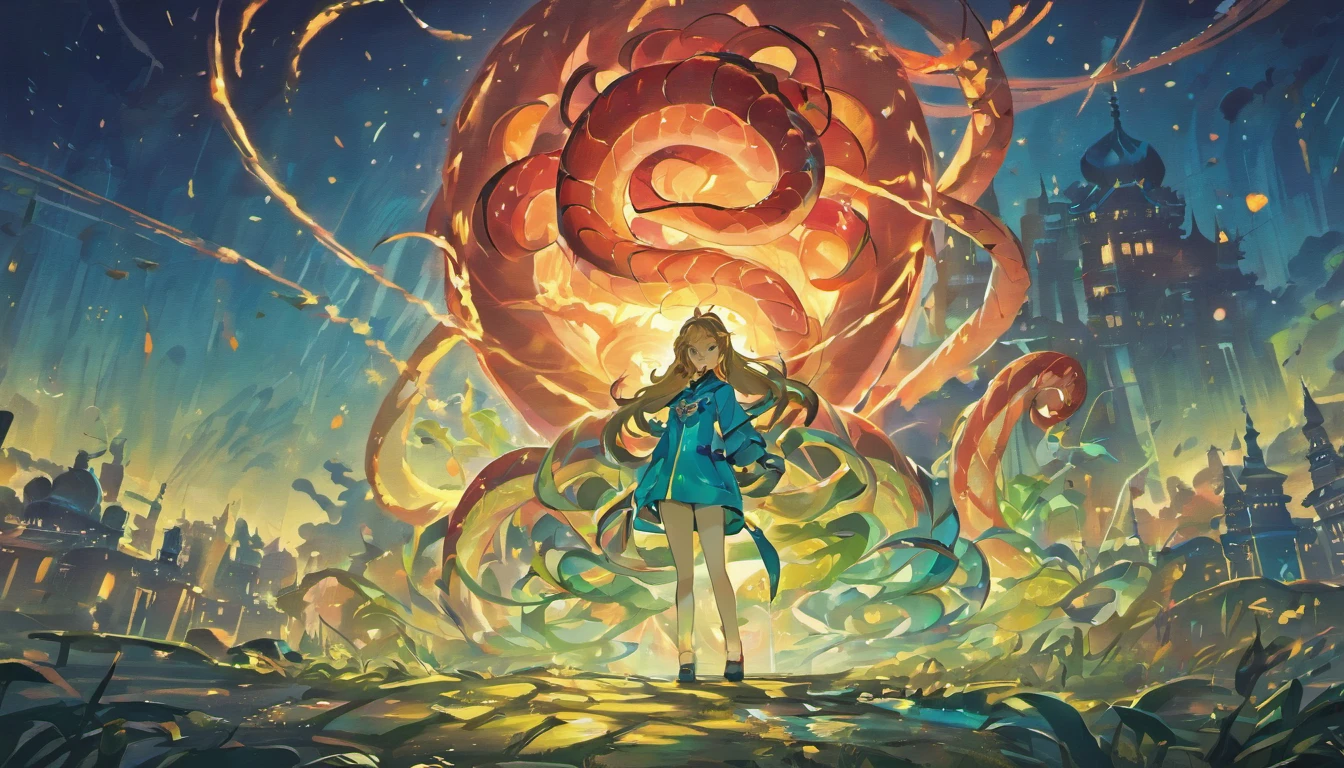 Mid-Autumn Festival,(large moon),(((((Zodiac snake))))),tradit,celebrating,fire works,((Kongming Lantern)),Don't anthropomorphize,Don't be human,The snake hovered on the ground,The snake head looked up at the Kong Ming lantern in the sky