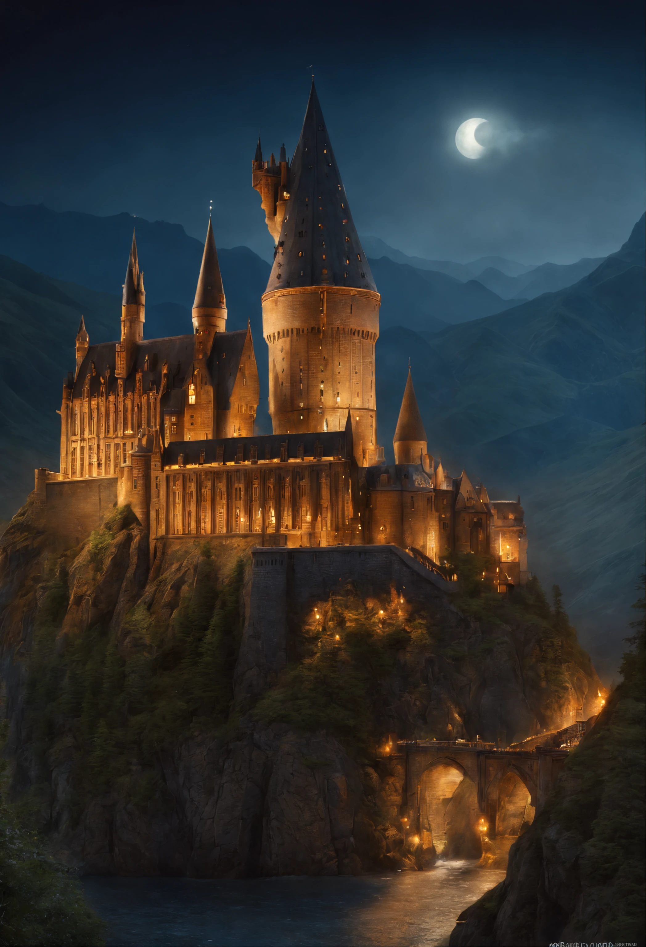 Fantasy art, very wide angle shot, Painting, Detailed , Deviant-art, contest winner, concept-art, , tim hildebrandt, fantasy, ((((Steampunk City)))) , , during night , , dreamlike realism, art stations ,, The style of Adrianous Everson ,Not aesthetic architecture, cinematic Film still from,greg rutkovsky, Create reminiscent of《Harry potter》The scenery of the movie, Create Hogwarts Castle at night. Use intricate details and dynamic design,Immerse the audience in a magical world. Depicted《Harry potter》The sense of awe and disorientation evoked by the film.
