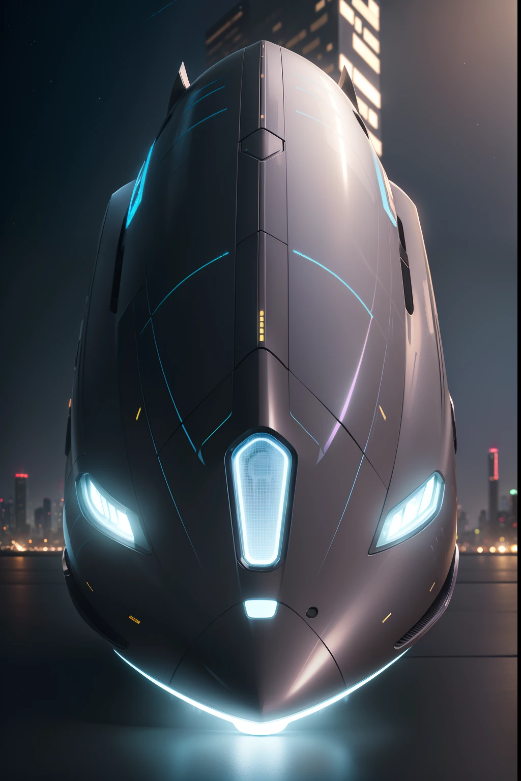 (best quality,4k,8k,highres,masterpiece:1.2),ultra-detailed,(realistic,photorealistic,photo-realistic:1.37),futuristic tech bus exterior,3D rendering,shiny metallic surface,streamlined design,sleek aerodynamic shape,large panoramic windows,transparent roof for stargazing,LED lights illuminating the exterior,cityscape backdrop,reflection on the glossy surface,high-tech logo and branding,hovering above the ground,emitting a soft blue glow,portraits,colorful and vibrant color palette,studio lighting,sharp focus,physically-based rendering,professional,vivid colors,bokeh