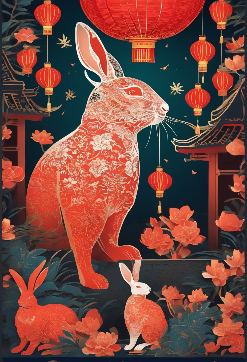 Paper Cuttings style，Oriental style pattern style，There is a large zodiac rabbit in the middle，On the streets of ancient China，Festive lanterns in the background