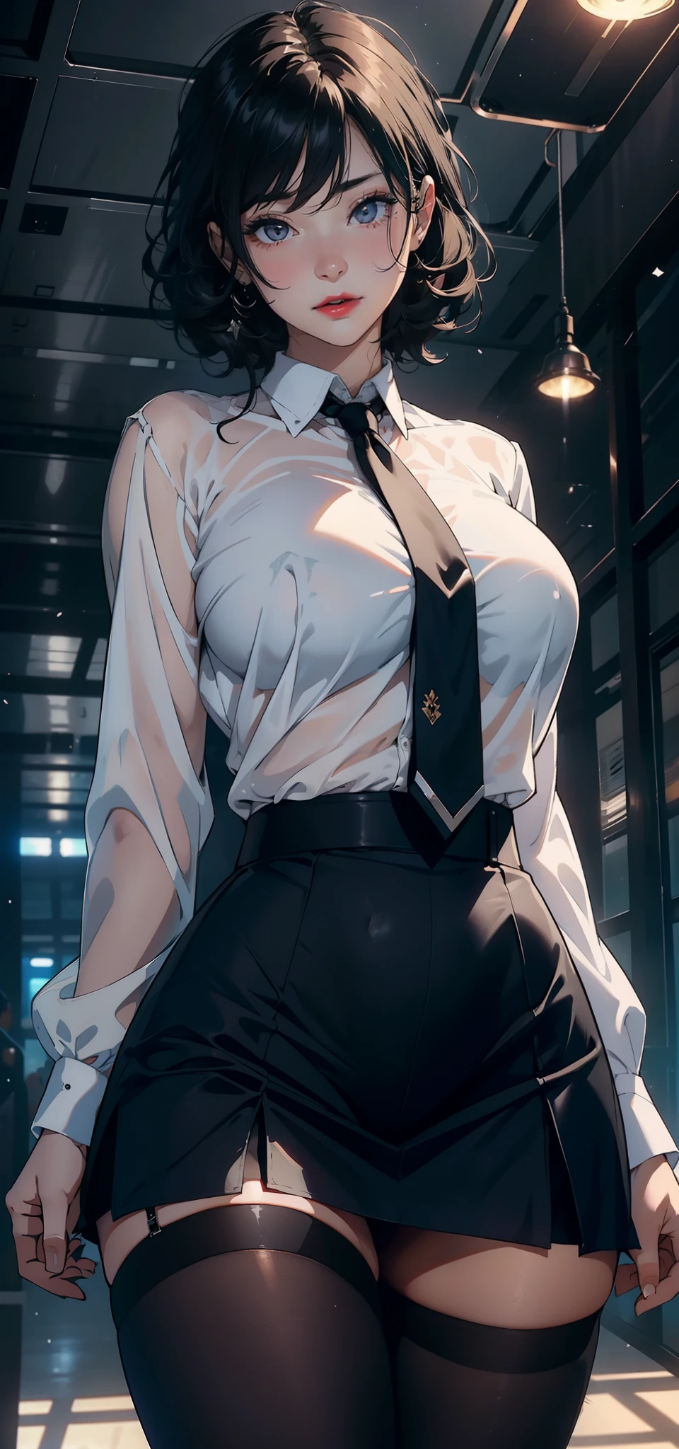 1female,35yo,plumw,extremely large bosom, 独奏,(Background with:A desert,aerodrome,Planes) She has very short black hair,bobo head,Stand on the plane,,seen from the front, curlies, mostly cloudy sky,(((tmasterpiece),(Very detailed CG unity 8K wallpaper),best qualtiy,cinmatic lighting,detailed back ground,beatiful detailed eyes,Bright pupils,Black eyes,Snow-white skin,Redlip(Very fine and beautiful),(Beautiful and detailed eye description),ultra - detailed,tmasterpiece,)),facing at camera,A high resolution,ultra - detailed),revealing breasts,Bare genitalia, Bulge,legs are open,Raised sexy,Camel toes,Flushed complexion,Desire for dissatisfaction,frontage,secretary(Wearing:White transparent shirt,black necktie,black short skirt,Black pantyhose,Bare breasts)
