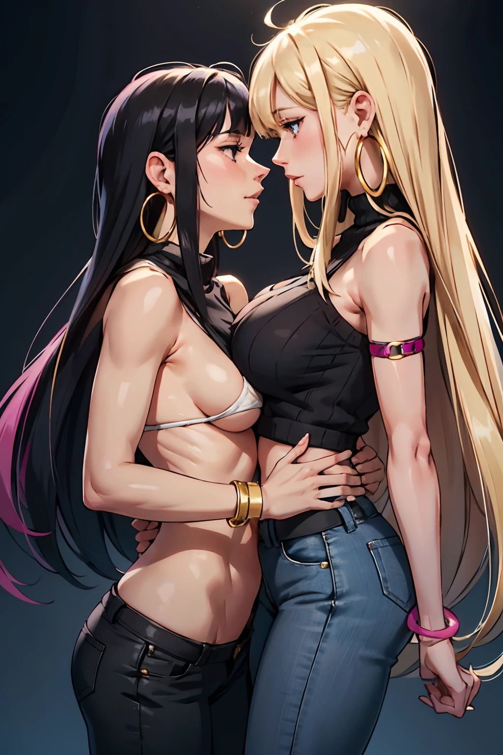 A girl, blonde long hair, big boobs, pink top, blue pants, hoop bracelets, hoop earrings. Kissing a girl with pale skin, black long hair with bangs, small boobs, black sweater, black pants