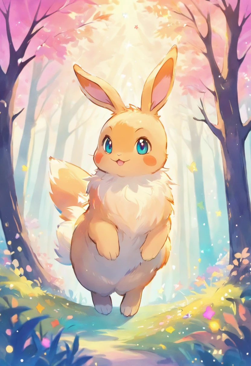 a colorful rabbit with antlers in a magical forest,soft pastel colors,horned bunny,whimsical fantasy creature,realistic fur texture,shimmering rainbow colored fur,golden antlers,sparkling eyes,mischievous smile,enchanting background with twinkling stars,ethereal lighting,creatures of the night tag,artistically detailed illustration,high resolution,scenic landscape,breathtaking view,vibrant hues,fantasy art style