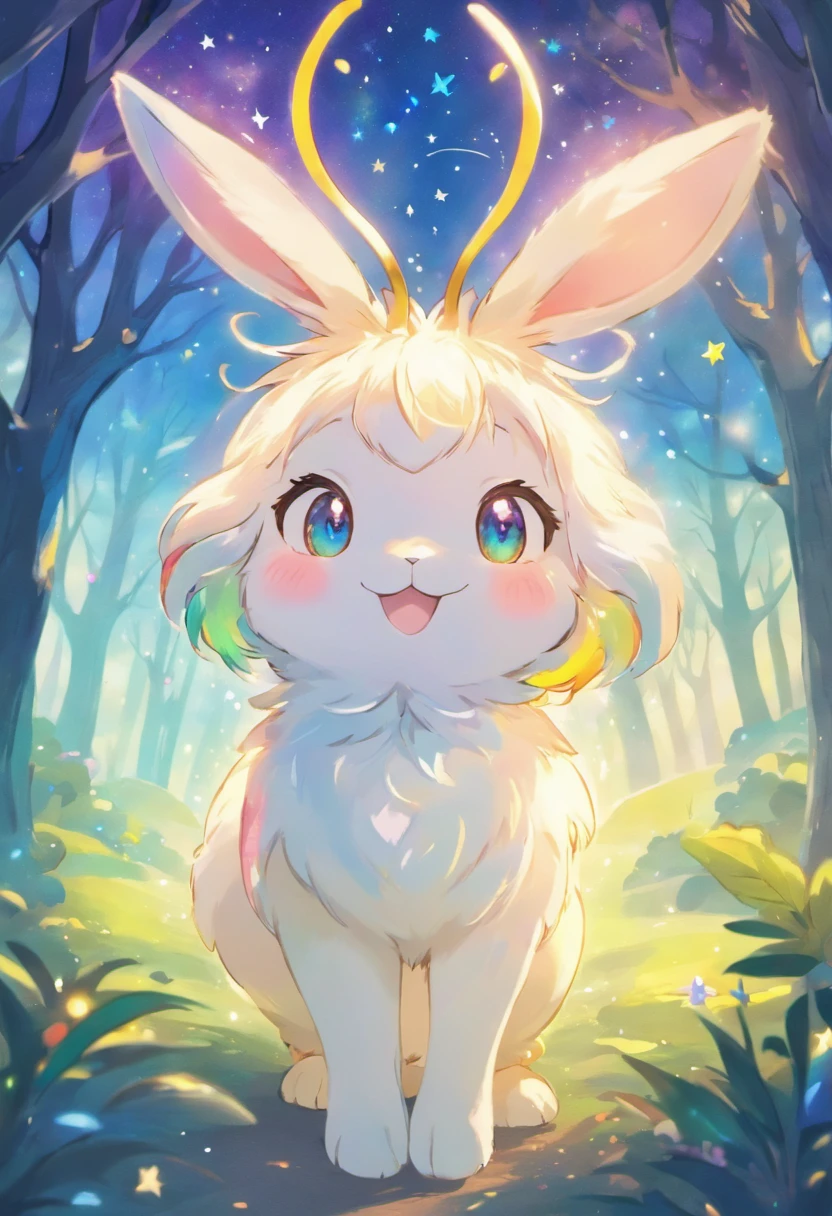 a colorful rabbit with antlers in a magical forest,soft pastel colors,horned bunny,whimsical fantasy creature,realistic fur texture,shimmering rainbow colored fur,golden antlers,sparkling eyes,mischievous smile,enchanting background with twinkling stars,ethereal lighting,creatures of the night tag,artistically detailed illustration,high resolution,scenic landscape,breathtaking view,vibrant hues,fantasy art style