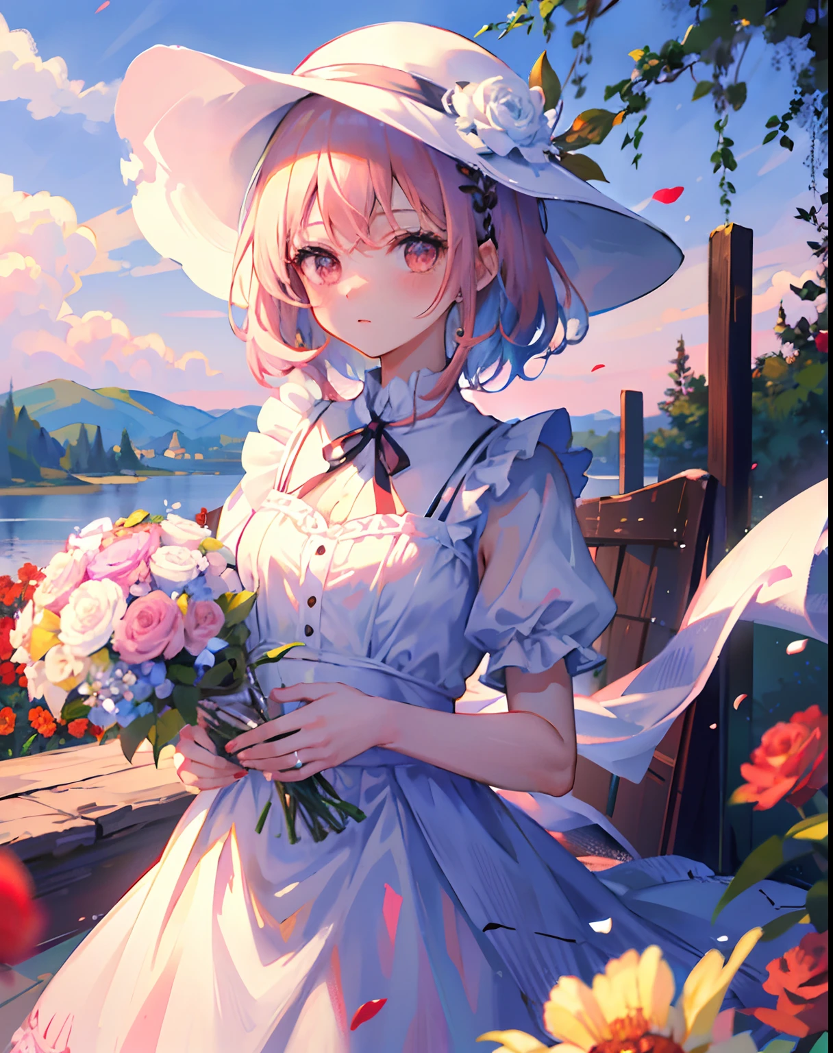 ((Masterpiece, Best quality)), 1girll, flower, Solo, dress, Holding, sky, Cloud, Hat, Outdoors, bangs, Bouquet, Rose, Expressionless, Blush, Pink hair, flower  field, Red flower, Pink eyes, White dress, view the viewer, medium haired, holding flower, Small breasts, Red rose, holding flower bouquet, Sun hat, White headwear, Depth of field