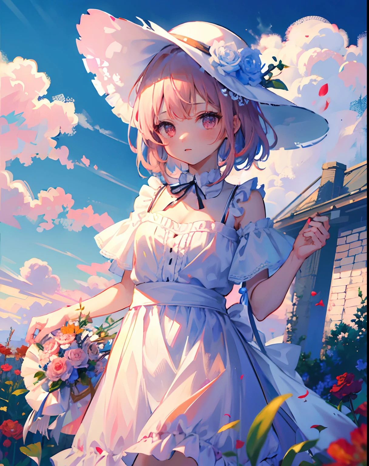 ((Masterpiece, Best quality)), 1girll, flower, Solo, dress, Holding, sky, Cloud, Hat, Outdoors, bangs, Bouquet, Rose, Expressionless, Blush, Pink hair, flower field, Red flower, Pink eyes, White dress, view the viewer, medium haired, holding flower, Small breasts, Red rose, holding flower bouquet, Sun hat, White headwear, Depth of field