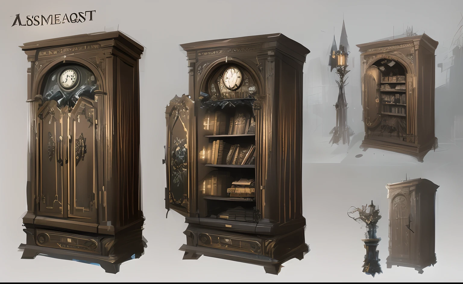 The tall cabinet with clock has three different views, object concept art, prop design, ultra detailed concept art, by senior environment artist, high detail concept art, senior concept artist, detailed conceptual drawing, concept art highly detailed, Ultra detailed concept art, artstation concept, stylistic furniture, highly detailed concept art, artstation concept art