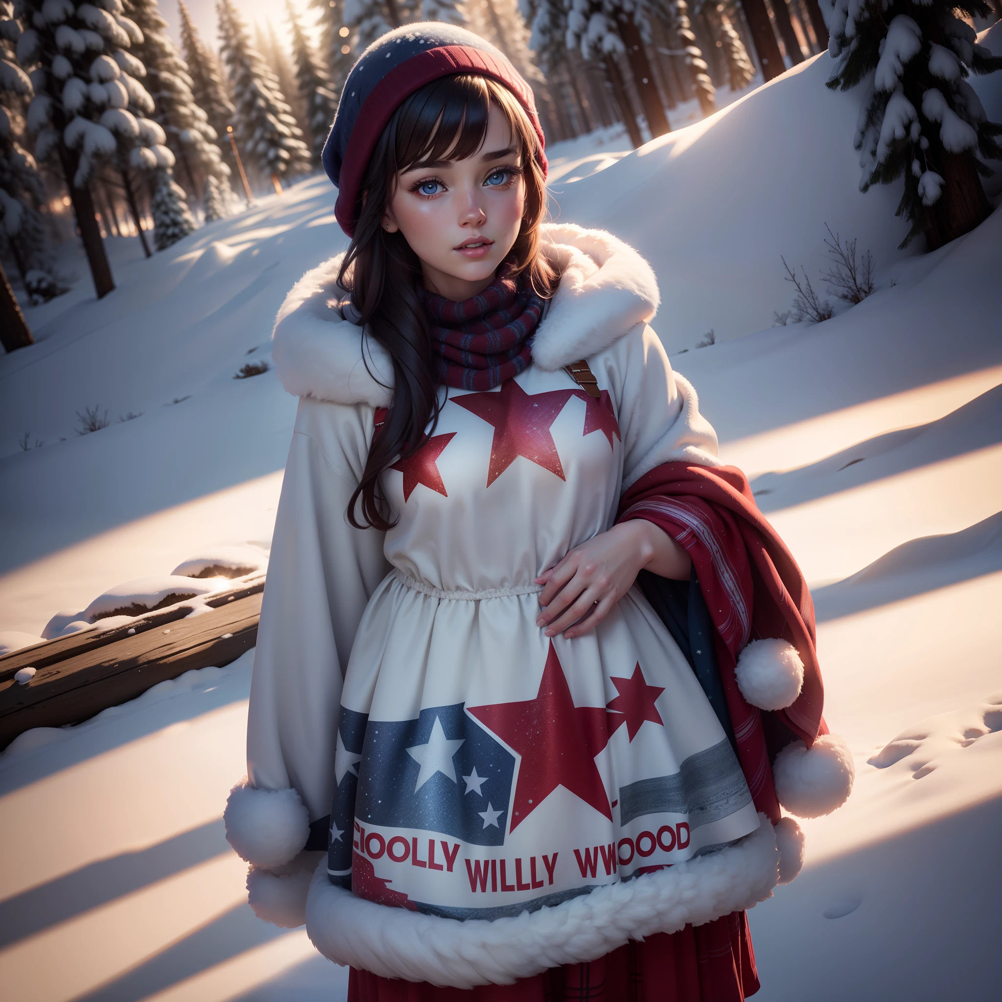 Beautiful American woman dressed in a red and blue dress with stars designed on the dress, standing in the winter snow with the word "HOLLYWOOD" in the background, winter sunlight shining on her, with iridescent light, highly detailed images, vibrant beautiful colours, photorealistic image, 8k, ultra HD, unreal engine rendered, cinematic lighting, artgerm style,