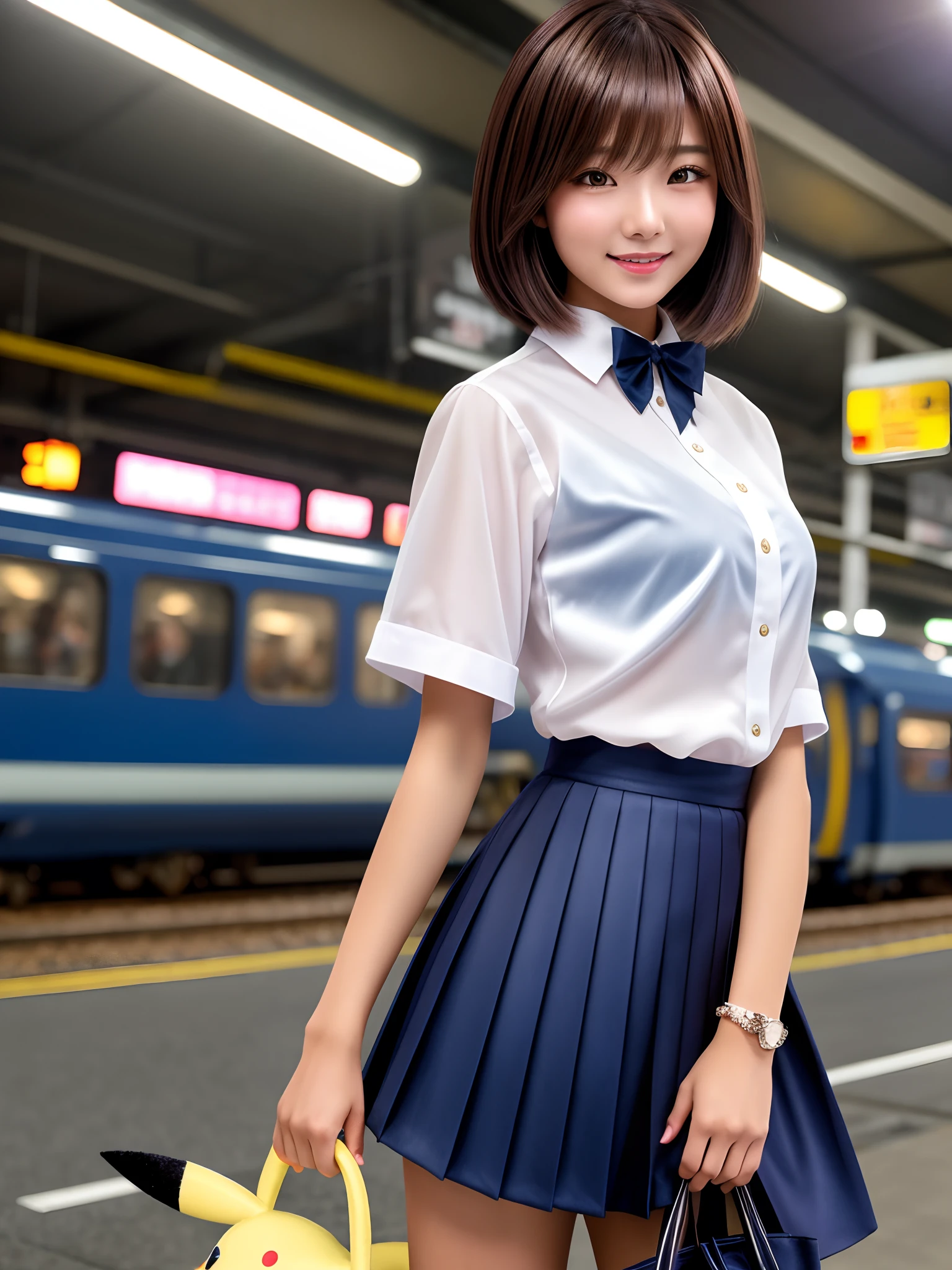 product quality, 1 girl, cowboy shot, front view, a Japanese young pretty woman, bob hair, waiting a train alone with a big smile in a crowded station in the night, having a Pikachu doll in her hand, glamorous figure, wearing a short sleeves white collared silky shirt with satin dark blue plain bow tie, wearing a dark blue pleated long skirt, carrying one tote bag over her shoulder, hyper cute face, glossy lips, double eyelids in both eyes, natural makeup, long eyelashes, shiny smooth light brown bob hair, asymmetrical bangs, a tanned skin, central image, high resolution, high detail, detailed hairstyle, detailed face, spectacular cinematic lighting, octane rendering, vibrant, hyper realistic, perfect limbs, perfect anatomy
