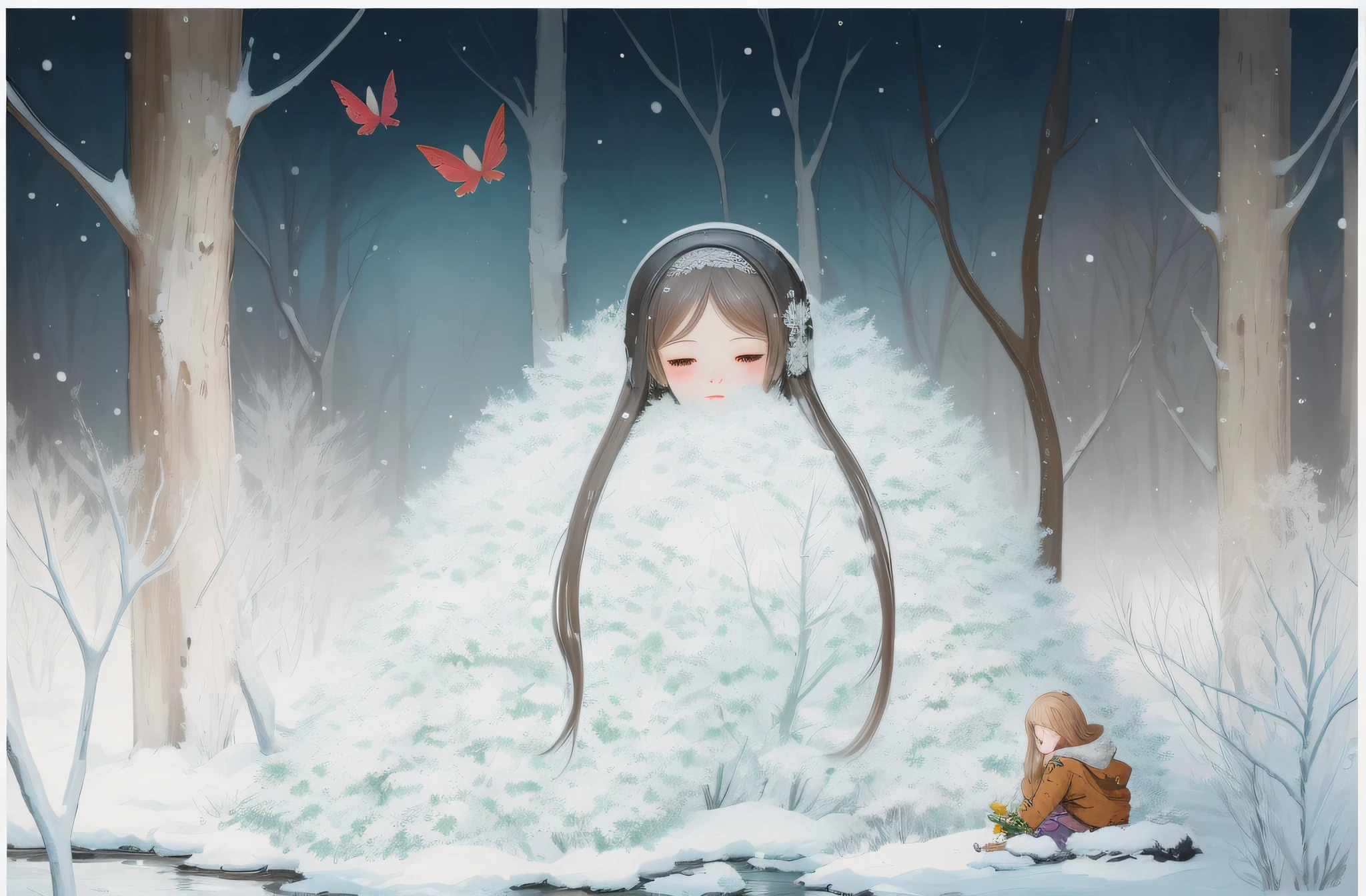 Draw a woman in a white coat in a snowy forest, A beautiful artwork illustration, Guviz-style artwork, Soft anime illustration, dreamlike illustration, Cute detailed digital art, Digital art on Pixiv, adorable digital art, Arte conceitual de inverno, Guweiz on ArtStation Pixiv, Guweiz in Pixiv ArtStation, Guviz