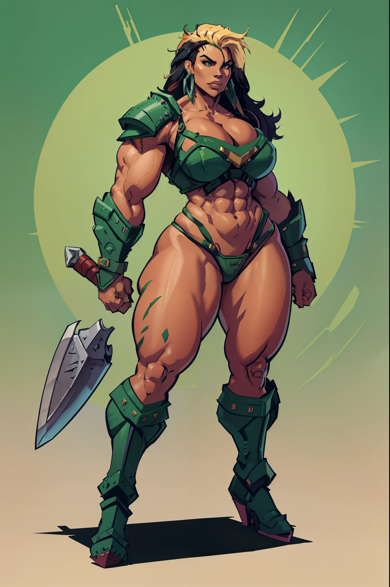 "high quality, strong and fierce barbarian with boots with green skin, well-defined muscular legs and large hips" ((fullbody)) (((fullbody barbarian armor))) ((earrings)) (solo)